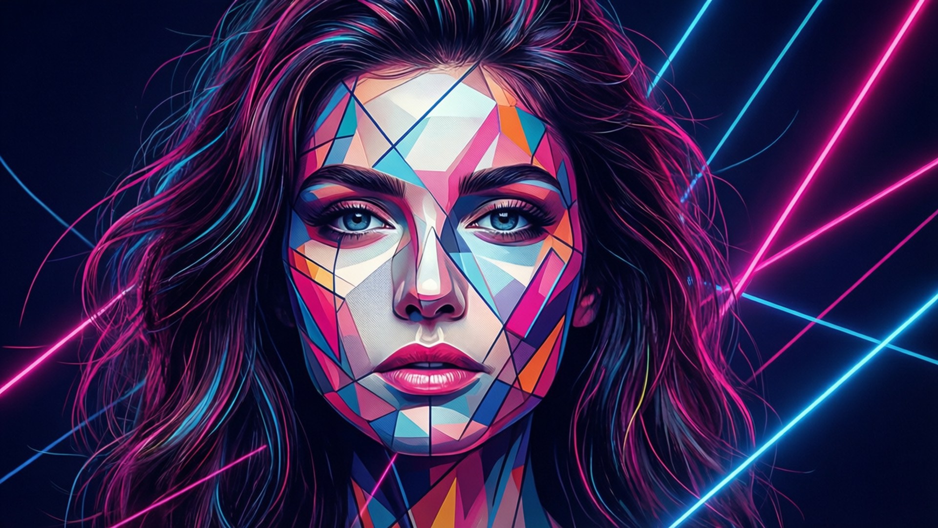 幾何霓虹女子 壁紙 — 一個女人的臉碎裂成充滿活力的幾何碎片，霓虹粉紅和藍色光線劃過深色頭髮。