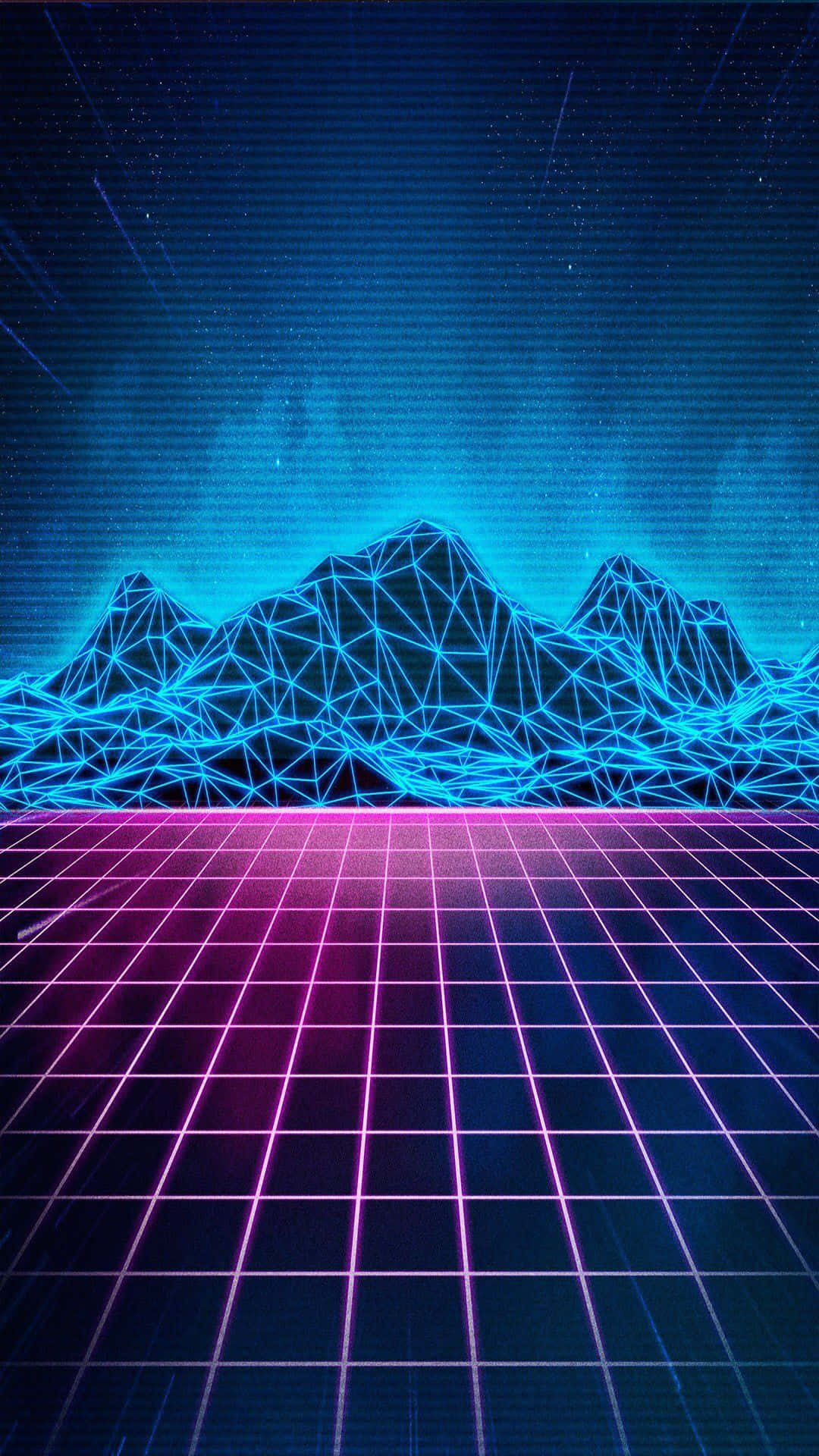 霓虹網格地板與發光藍色山脈，在星空夜空下。
