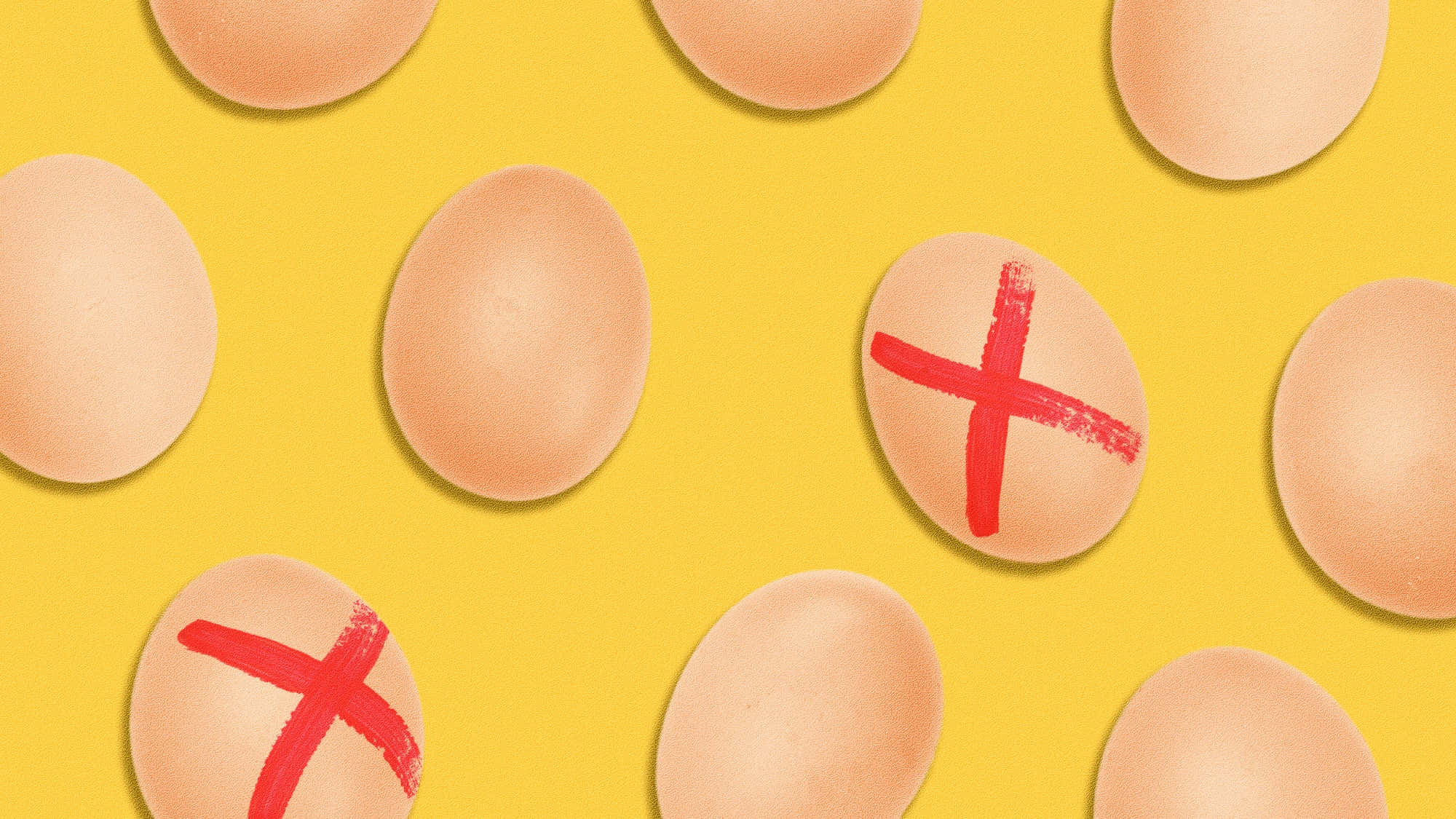 Egg 桌布 壁紙 — 幾個米色雞蛋放在明亮的黃色背景上，其中兩個標有粗體紅色十字。