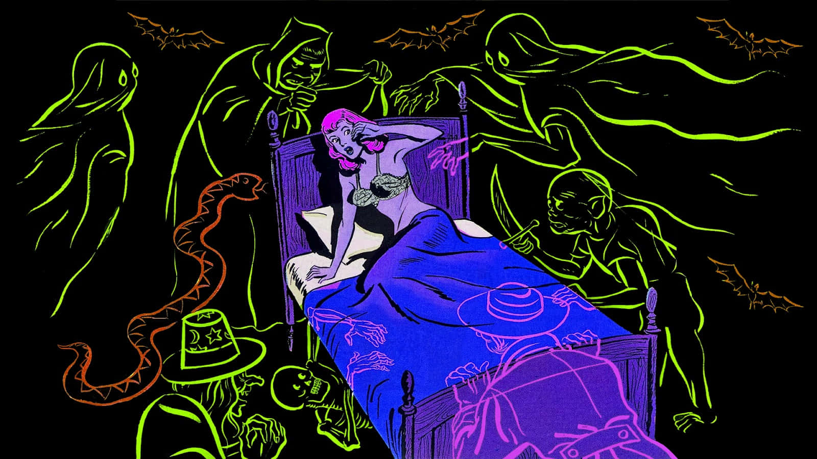 Spooky Art 桌布 壁紙 — 床上嘅女人被發光綠色鬼魂、蝙蝠同一條紅色蛇包圍嘅霓虹恐怖插圖。