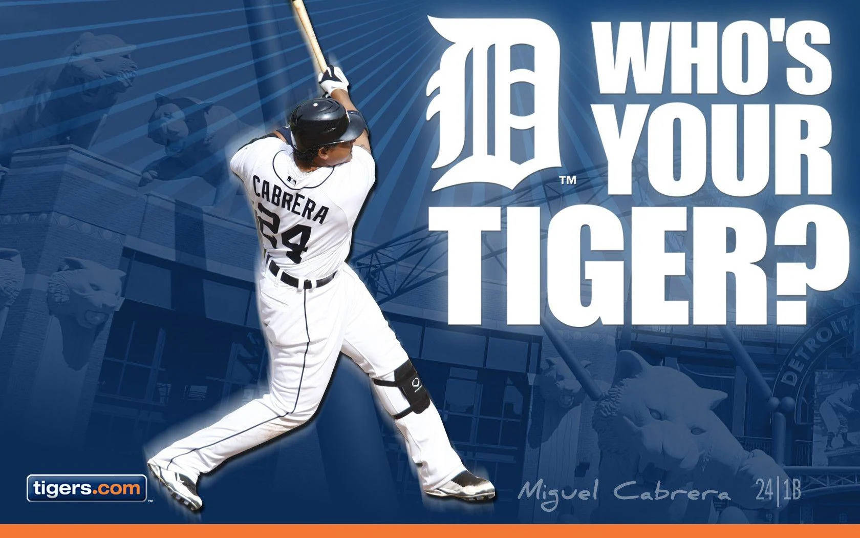 棒球運動員 Miguel Cabrera 身穿老虎隊球衣揮棒。