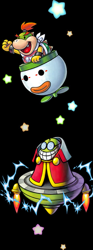 Bowser Jr. 在雪人車輛中，一個反派在引擎火花四濺的UFO中，背景是星空。 — 馬力歐 壁紙
