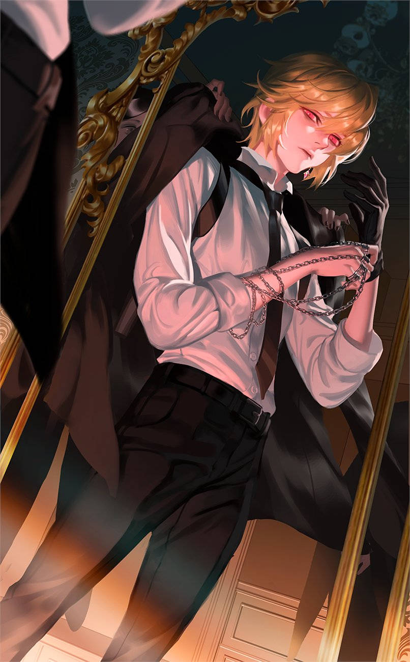 庫拉皮卡單人肖像 壁紙 — 一位金髮紅眼的動漫男子，身穿白襯衫和黑色西裝，在昏暗的房間裡靠著金色鏡子，手持一條鏈條。
