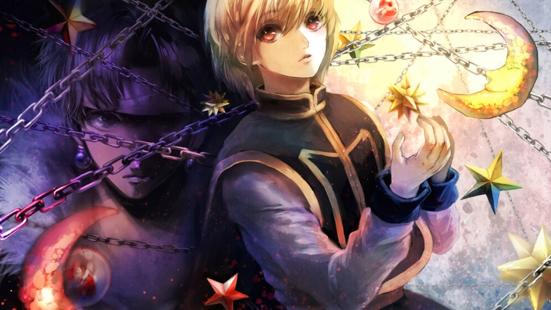 庫拉皮卡與奇洛羅·露西爾佛 壁紙 — 紅眼動漫男孩在深紫色背景上，於鎖鏈和彎月中握著一顆發光的星星。