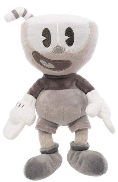 庫普海德毛絨玩具 壁紙 — 一個柔軟的灰色 Cuphead 毛絨玩具，大眼睛和咧嘴笑，站在白色背景前。