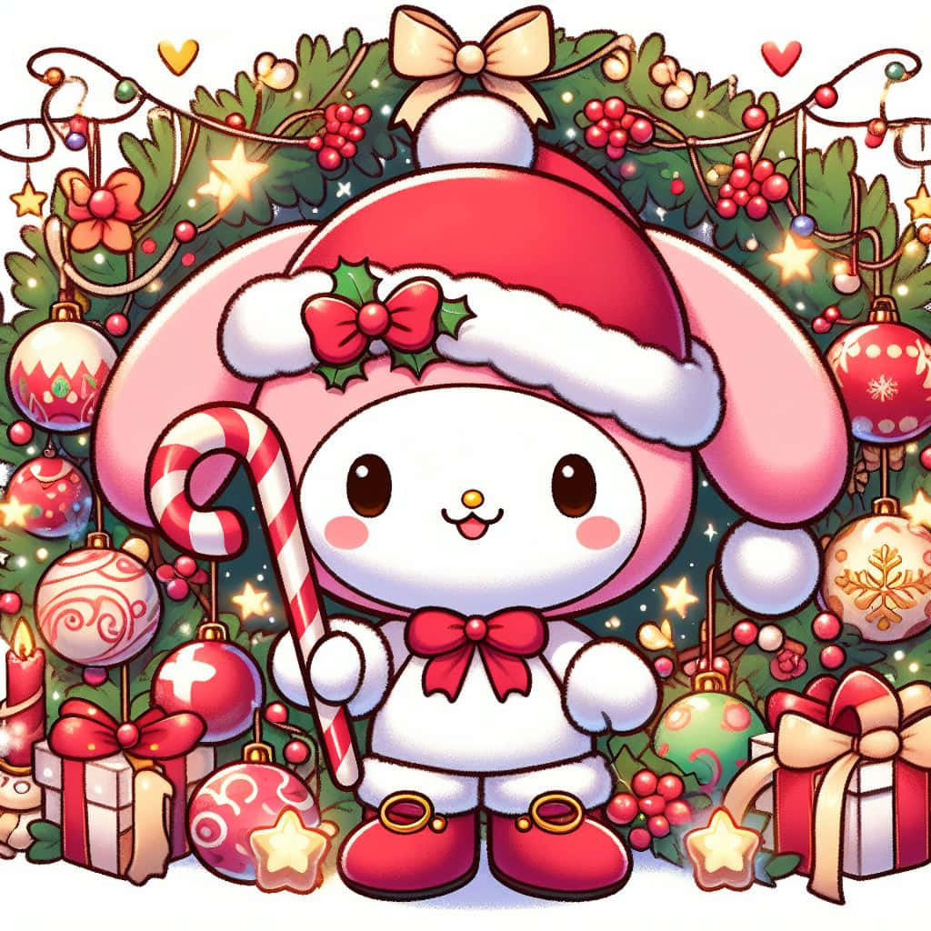 庫洛米聖誕慶祝插畫 壁紙 — 一隻可愛的粉紅色兔子戴著紅色聖誕帽，拿著一根拐杖糖，周圍環繞著節日裝飾品和禮物。