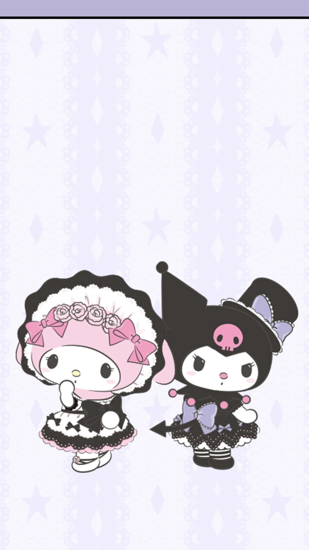 Kuromi 與 My Melody 女僕裝 iPhone 壁紙 — 兩個可愛的動漫角色 My Melody 和 Kuromi 穿著哥德式蘿莉塔服裝，站在淺紫色星空壁紙前。