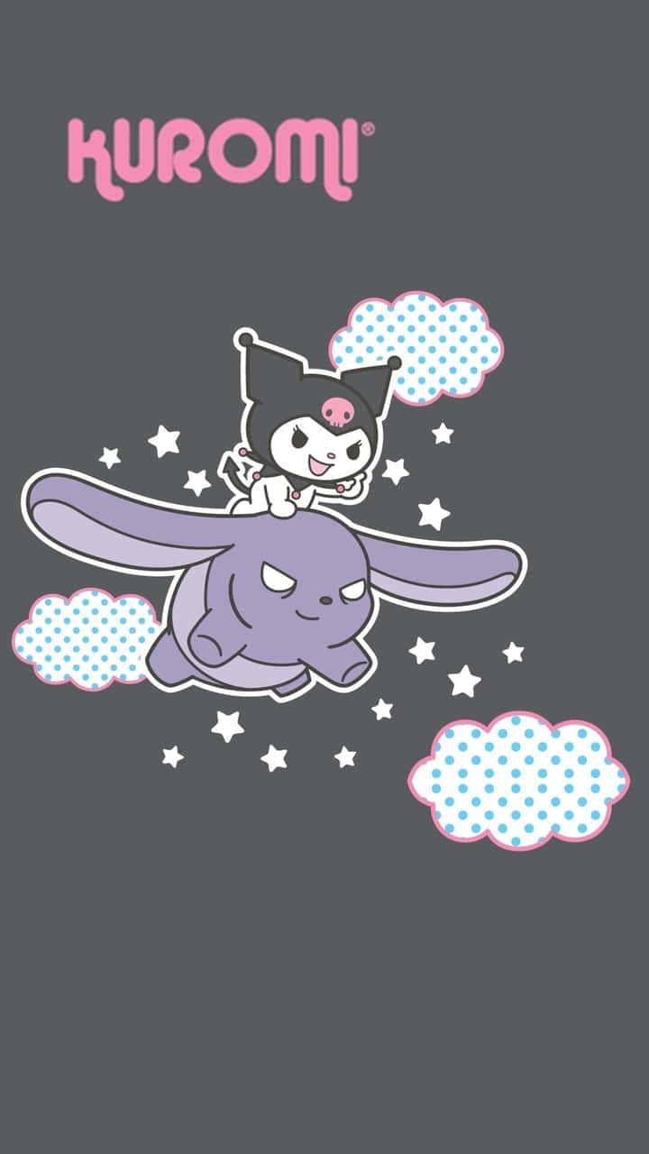 Kuromi 騎著紫色兔子，背景有星星和圓點雲朵，深灰色背景。