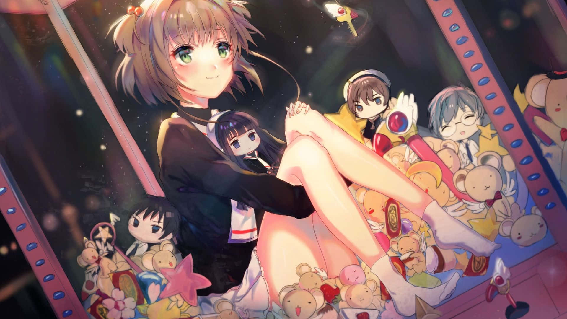 庫洛魔法使，拯救世界的魔法旅程 壁紙 — 一個開心的動漫女孩，綠色眼睛，盤腿坐在一個宇宙主題的房間裡，周圍是毛絨玩具和漂浮的星星。