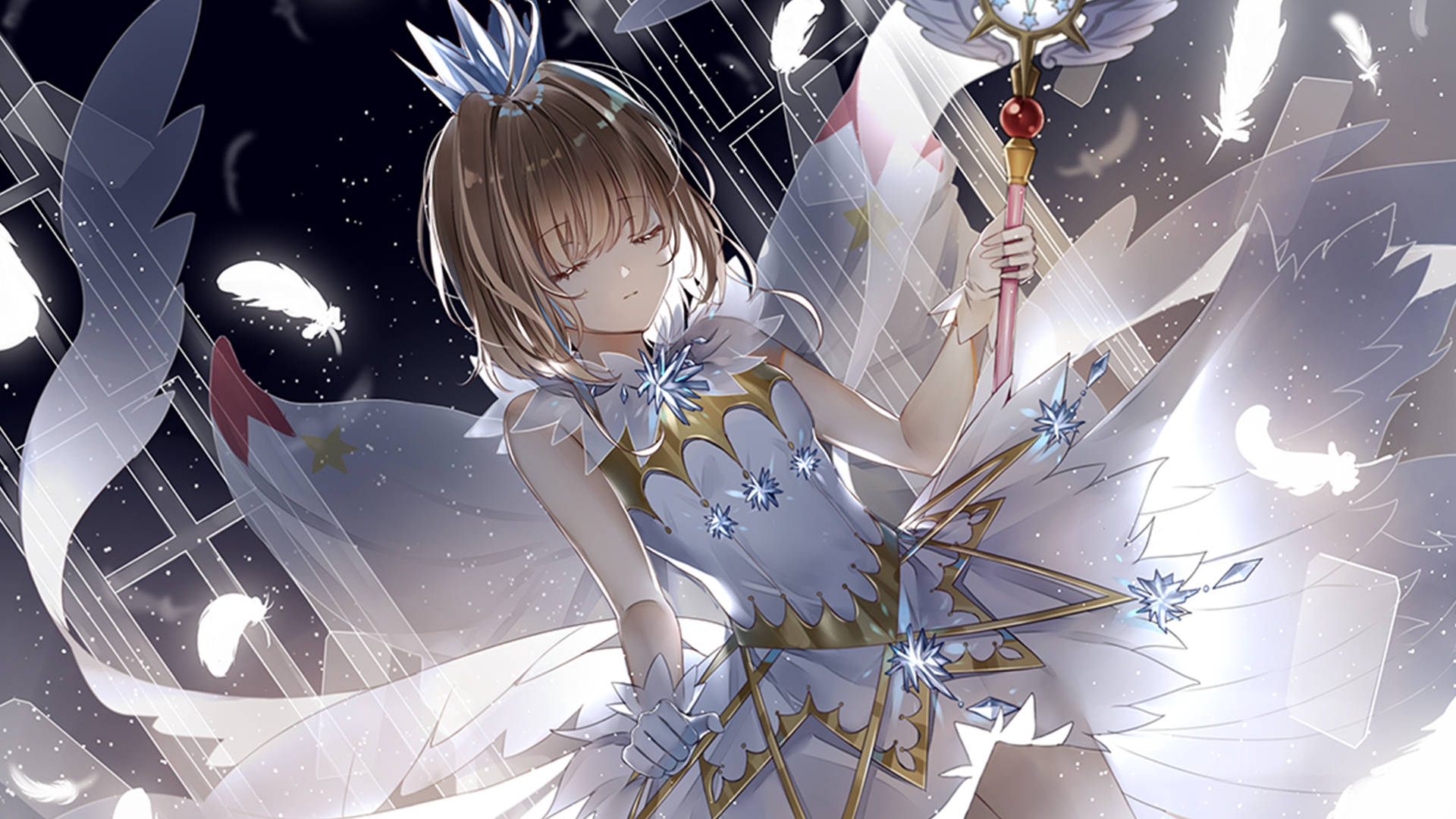 庫洛魔法使 木之本櫻花 動畫插畫 壁紙 — 一位年輕的動漫女孩，棕色頭髮，穿著白色羽毛連衣裙，在漂浮的羽毛和星光中拿著發光的法杖。