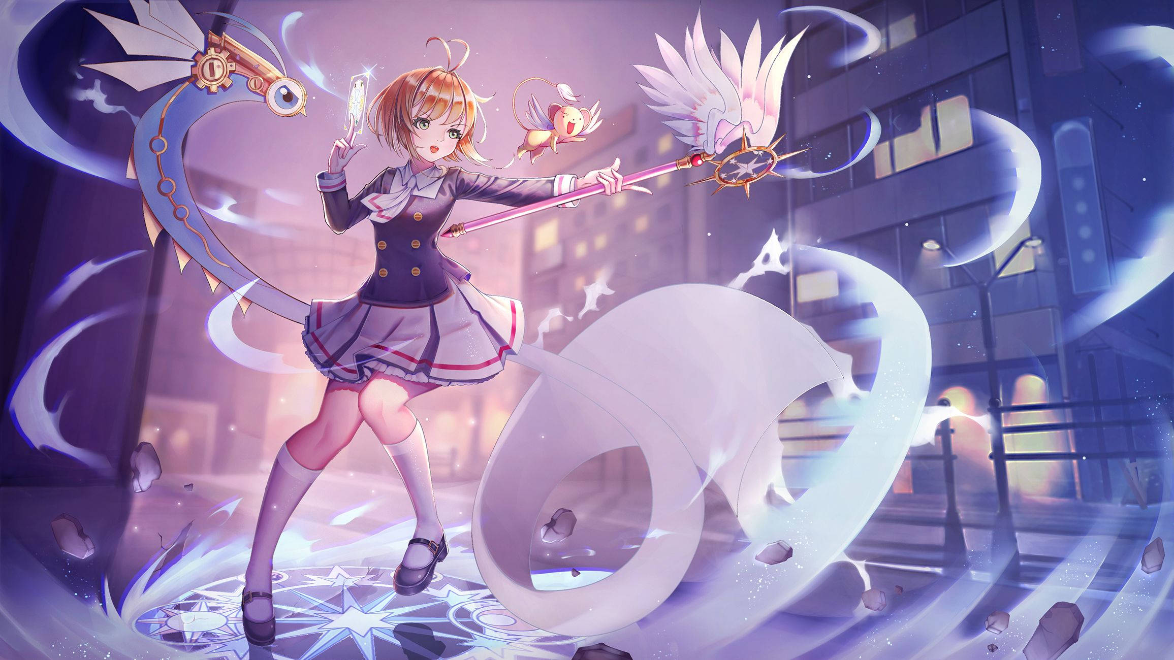 庫洛魔法使 校服卡 壁紙 — 一個開心的動漫女孩穿著校服，在未來城市景觀中揮舞著發光的法杖，周圍環繞著魔法能量和漂浮的碎片。