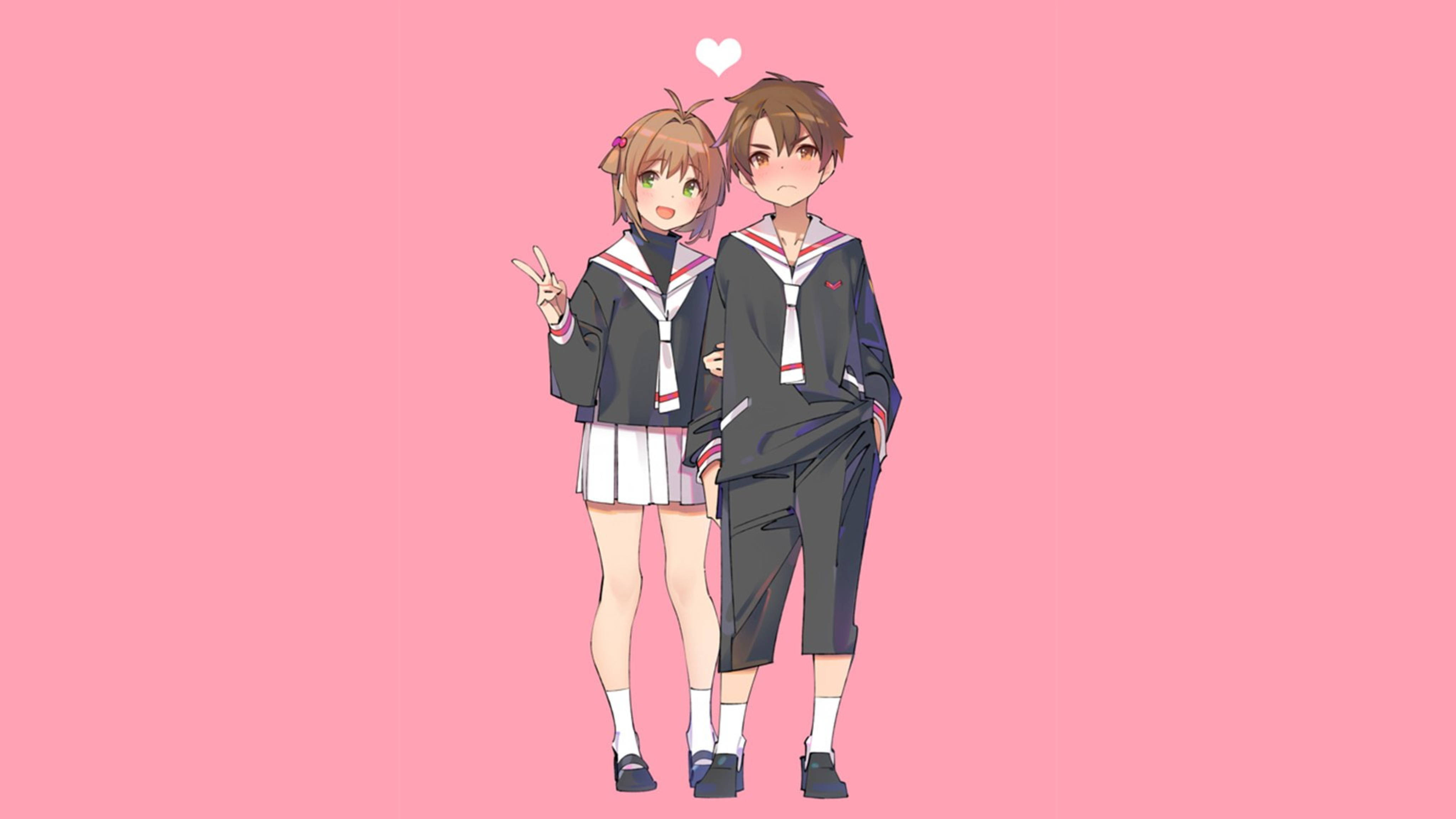 《庫洛魔法使》櫻與紗夜極簡插畫 壁紙 — 兩名穿著校服的動漫學生在純粉紅色背景前愉快地擺姿勢，頭頂上漂浮著一顆心。