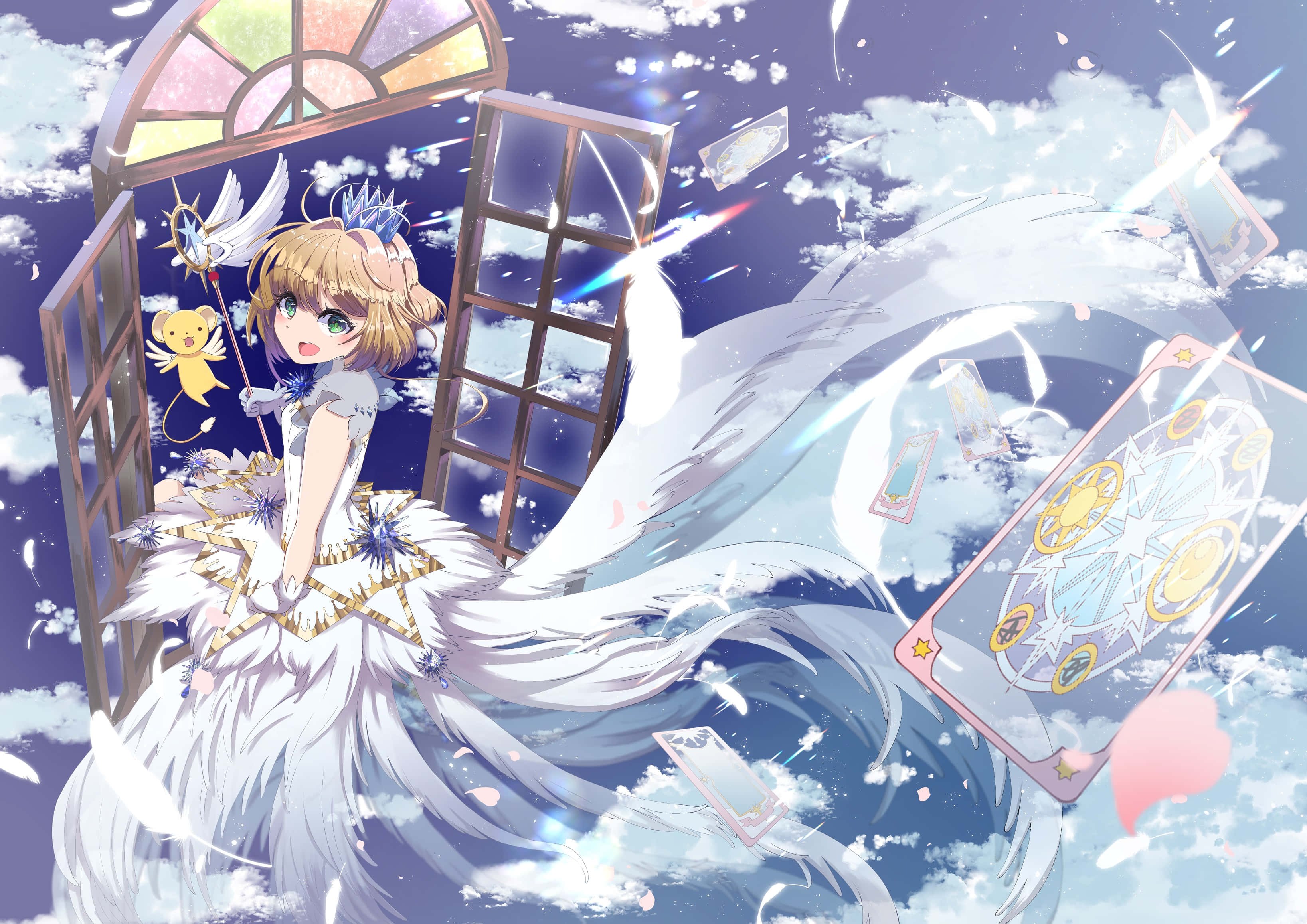 《庫洛魔法使》的魔法世界 壁紙 — 一個開心的動漫女孩，擁有天使翅膀和 fluffy 白色連衣裙，站在彩色玻璃窗中，周圍漂浮著魔法卡牌和雲朵。