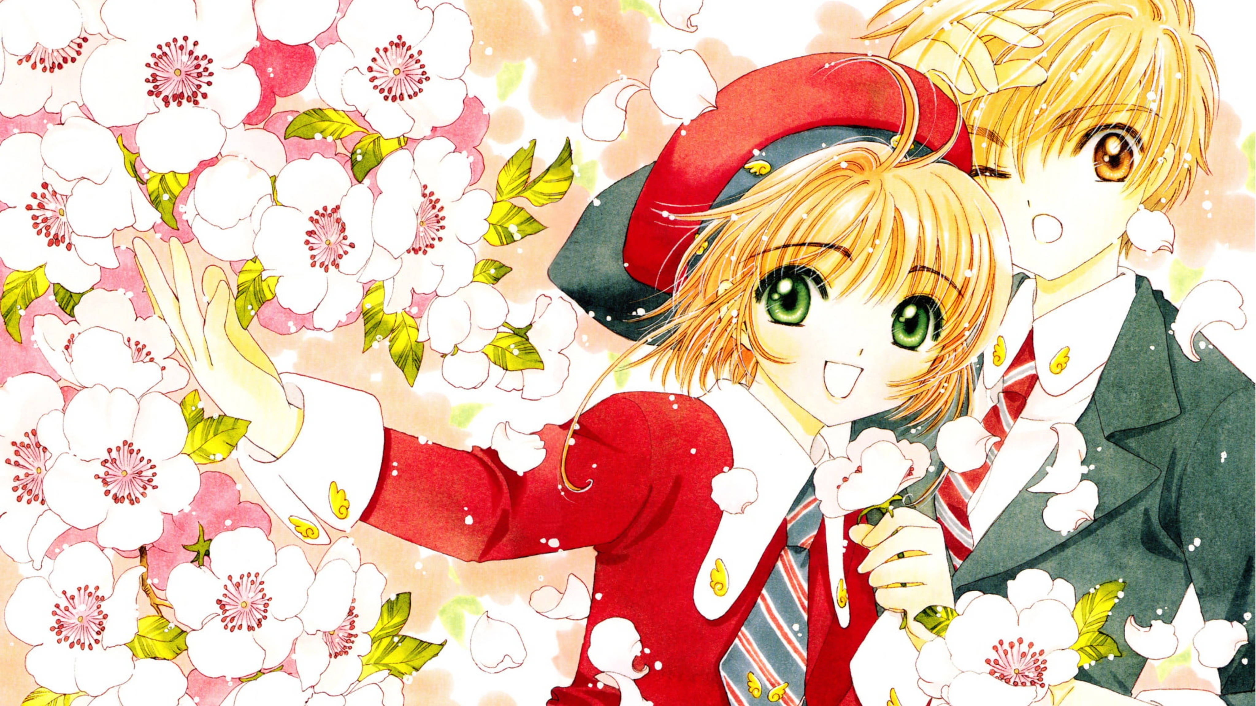 庫洛魔法使 細川良人 花朵藝術 壁紙 — 兩個穿著校服的動漫角色在溫暖陽光下，於飄落的櫻花中微笑。