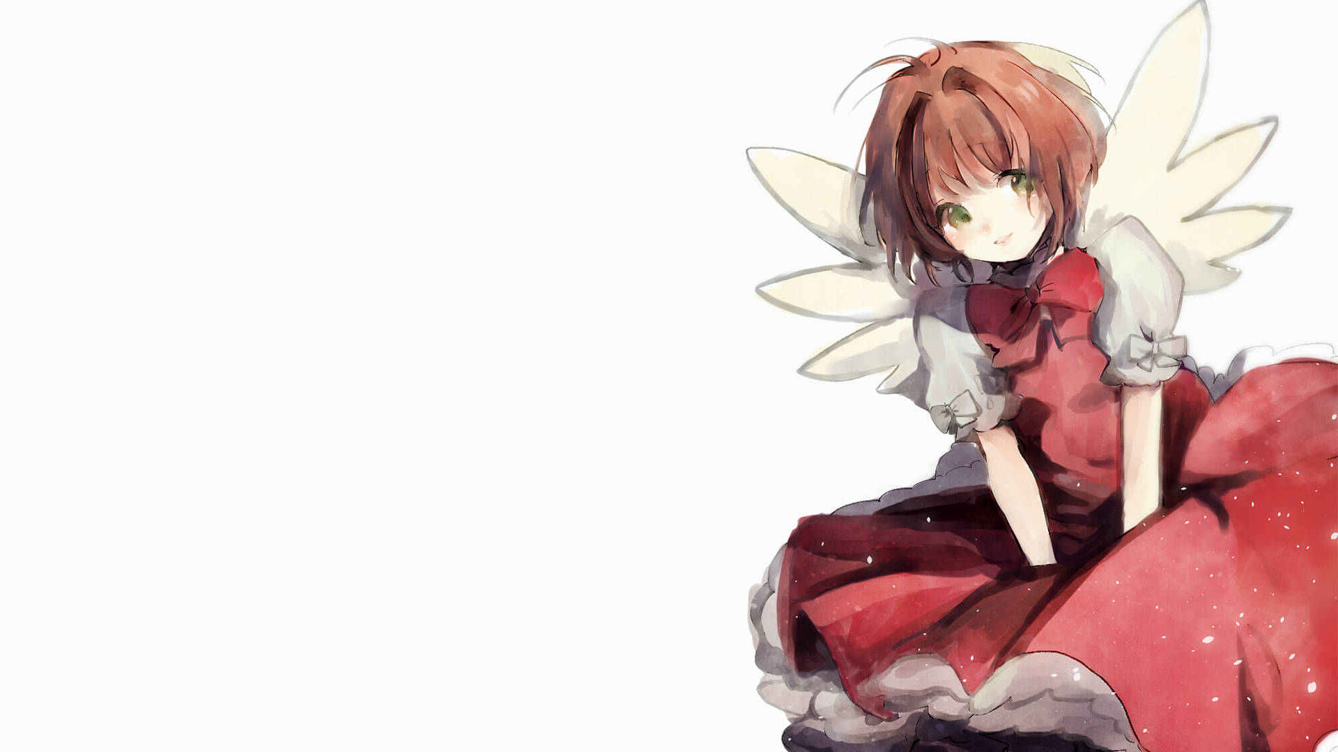 庫洛魔法使 魔法少女櫻花 壁紙 — 一個可愛的動漫女孩，棕色頭髮和白色翅膀，穿著紅色連衣裙，坐在純白色背景前。