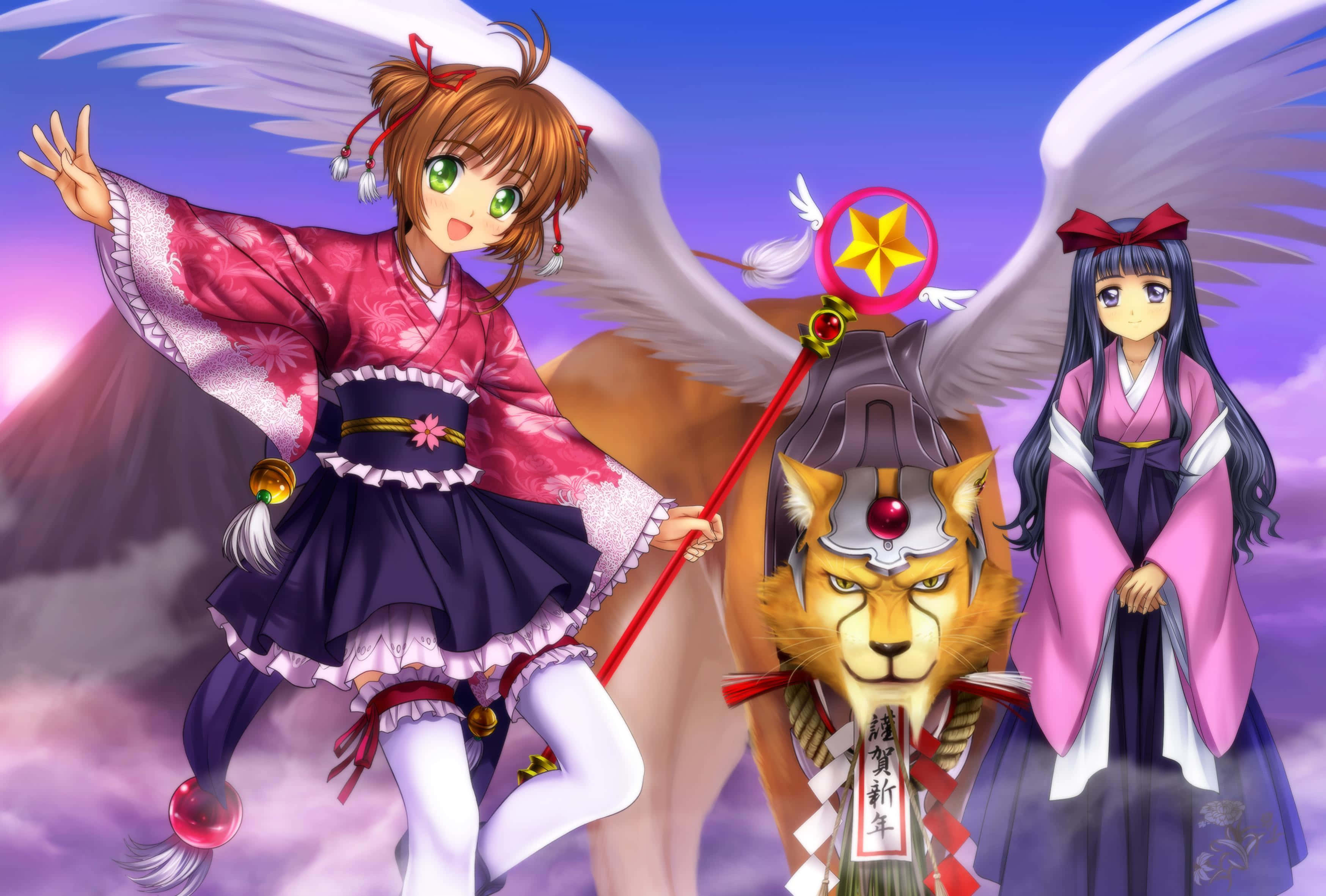 庫洛魔法使的魔法世界 壁紙 — 兩個穿著傳統日本服飾、擁有天使翅膀和老虎靈的動漫女孩在紫色天空中漂浮。