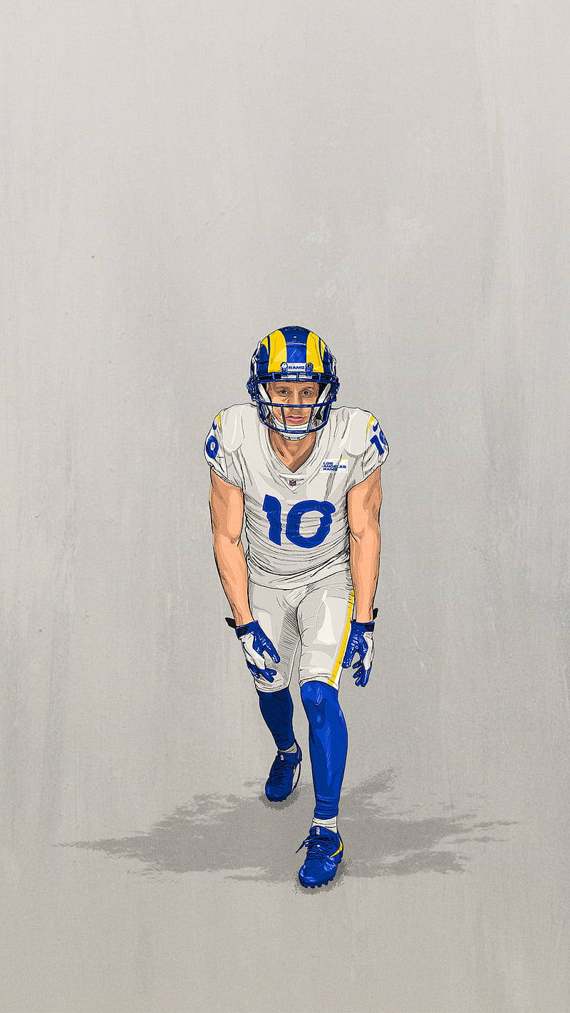 庫珀·庫普 NFL 洛杉磯公羊隊卡通藝術 壁紙 — 一名身穿灰藍色球衣、背號10的足球運動員，在純灰色背景前蓄勢待發。