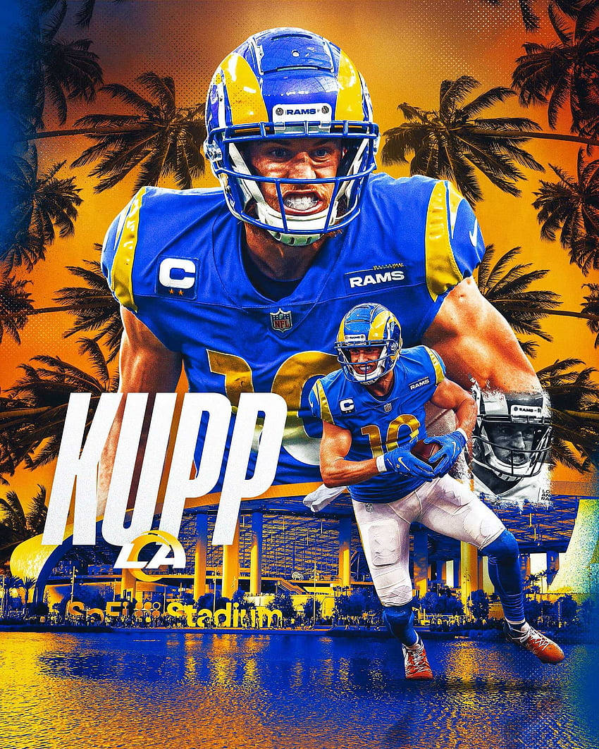 身穿公羊隊球衣的NFL球員在日落時分跑過熱帶體育場。 — 派大星 GIF 壁紙