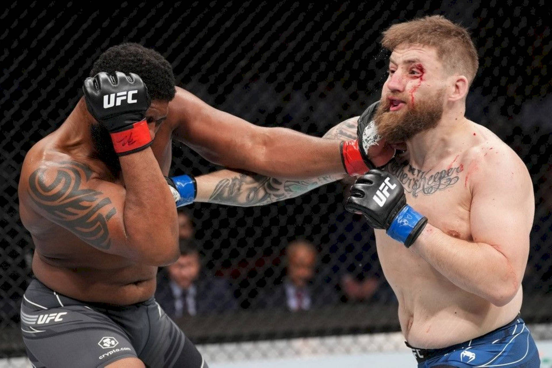 兩名男性MMA拳手在八角籠中互相出拳，可見鮮血和紋身。