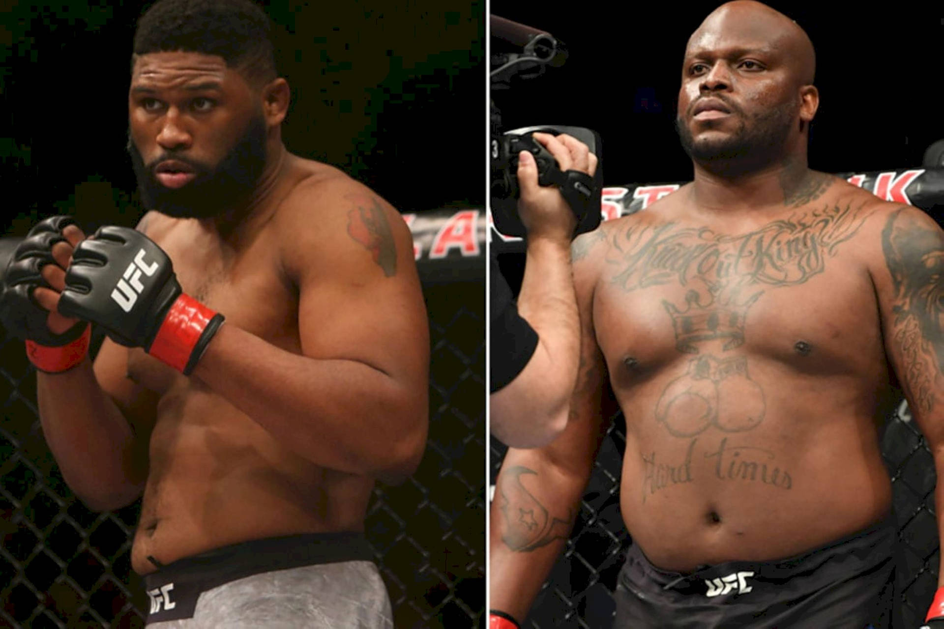 兩名身穿UFC裝備的男性MMA拳手在八角籠內擺姿勢。