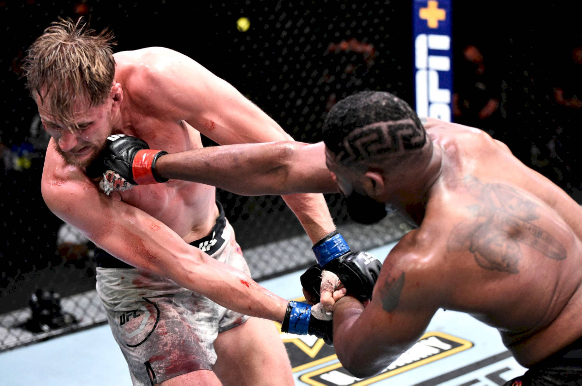 兩名男性MMA拳手在血跡斑斑的八角籠比賽中交換強力打擊。