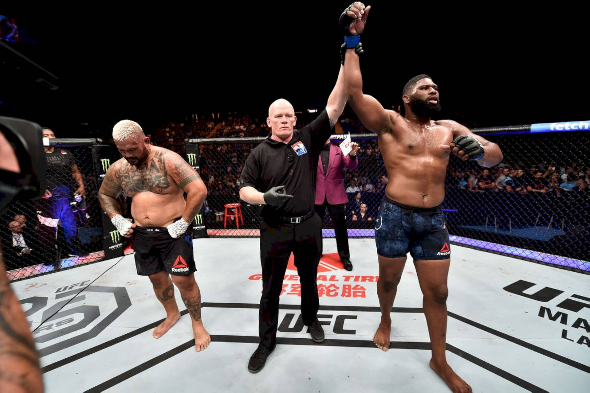UFC拳手在八角籠內由裁判舉起他的手贏得比賽。