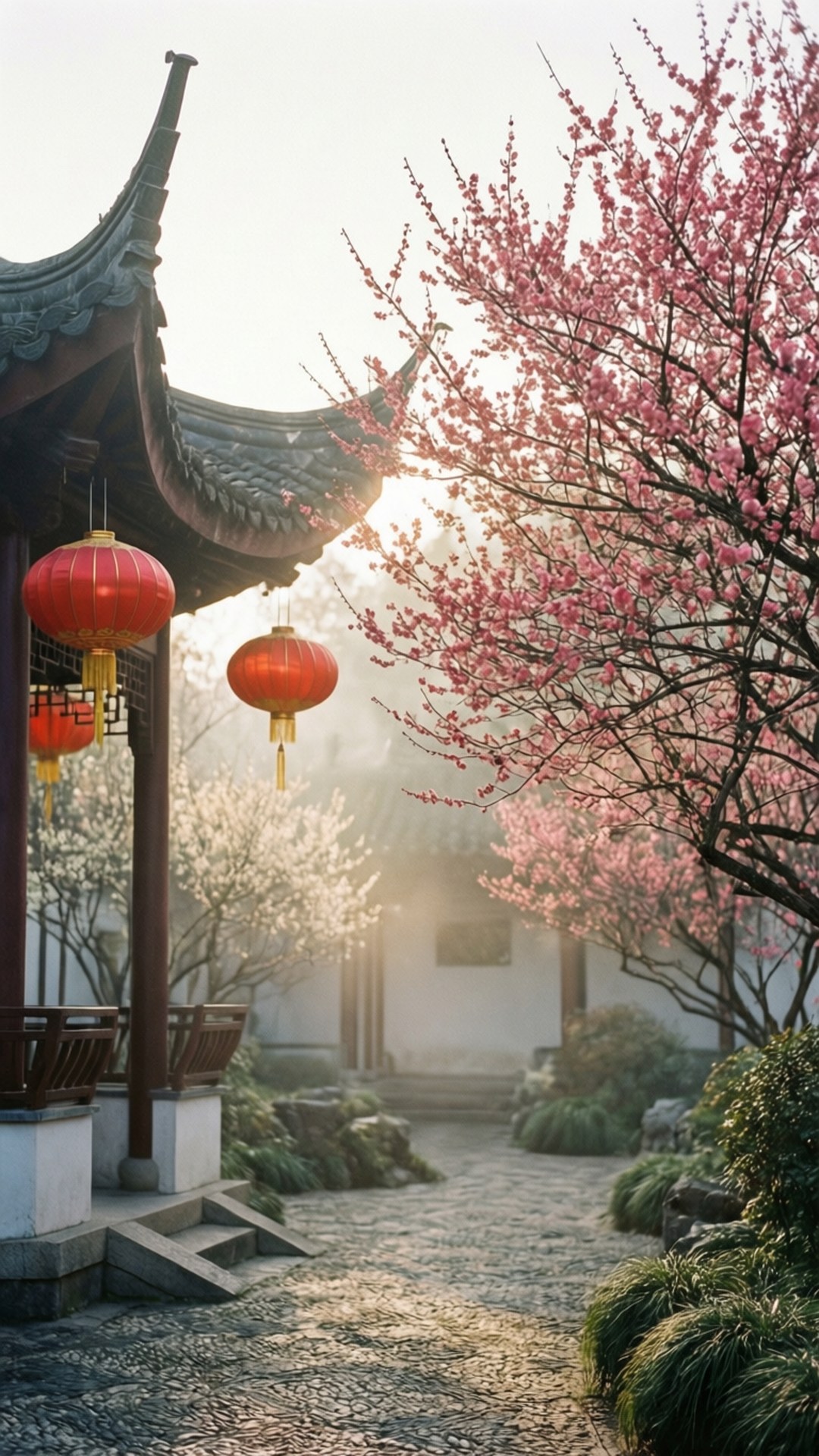 柔和光線下的中式庭園，紅燈籠與梅花相映成趣，氣氛寧靜。