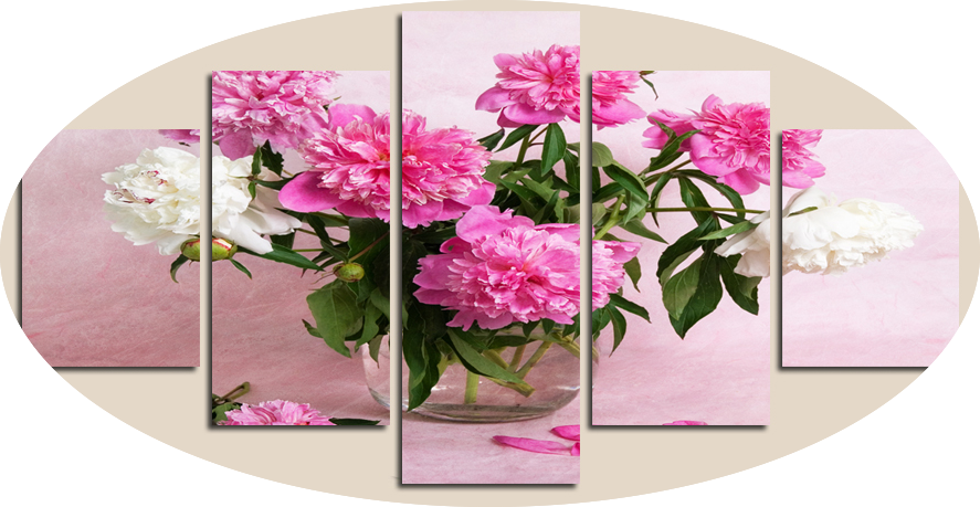 康乃馨畫布藝術面板 壁紙 — 多幅畫布展示了一個玻璃花瓶，裡面裝滿了茂盛的粉紅色和白色牡丹，背景是柔和的粉紅色。