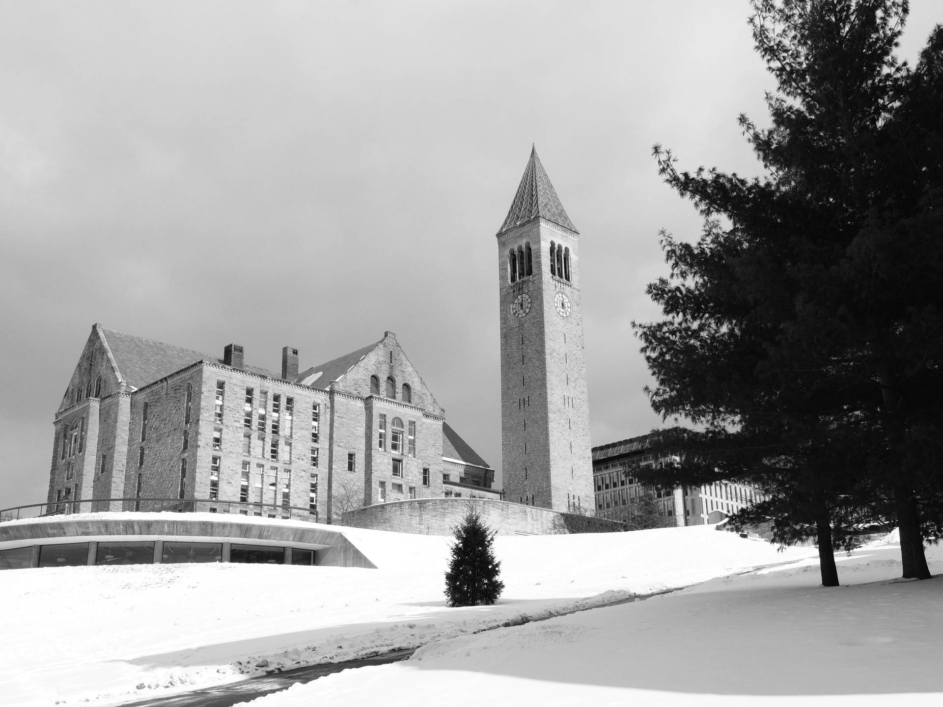 歷史悠久的大學建築，帶有鐘樓，在雪白的冬季景觀中。