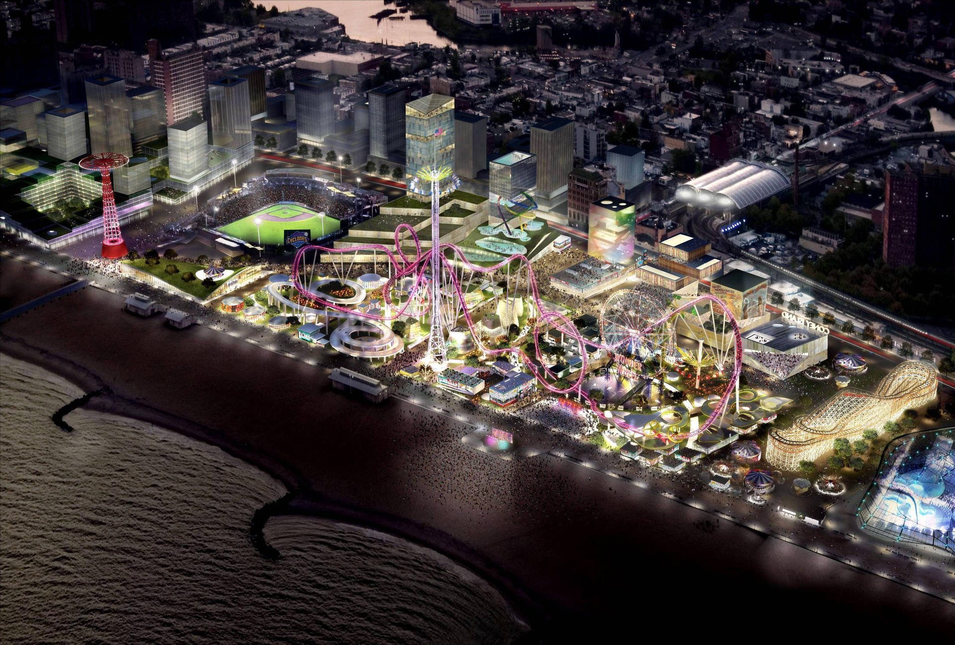 康尼島夜間空中俯瞰 壁紙 — 海岸遊樂園的夜間鳥瞰圖，閃爍的過山車和城市天際線。