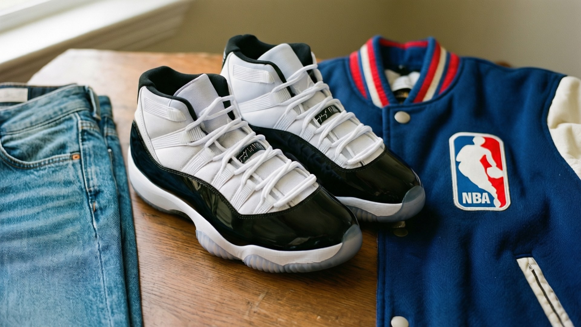 白色和黑色的Air Jordan 11運動鞋，搭配藍色牛仔褲和NBA外套，置於木頭上。