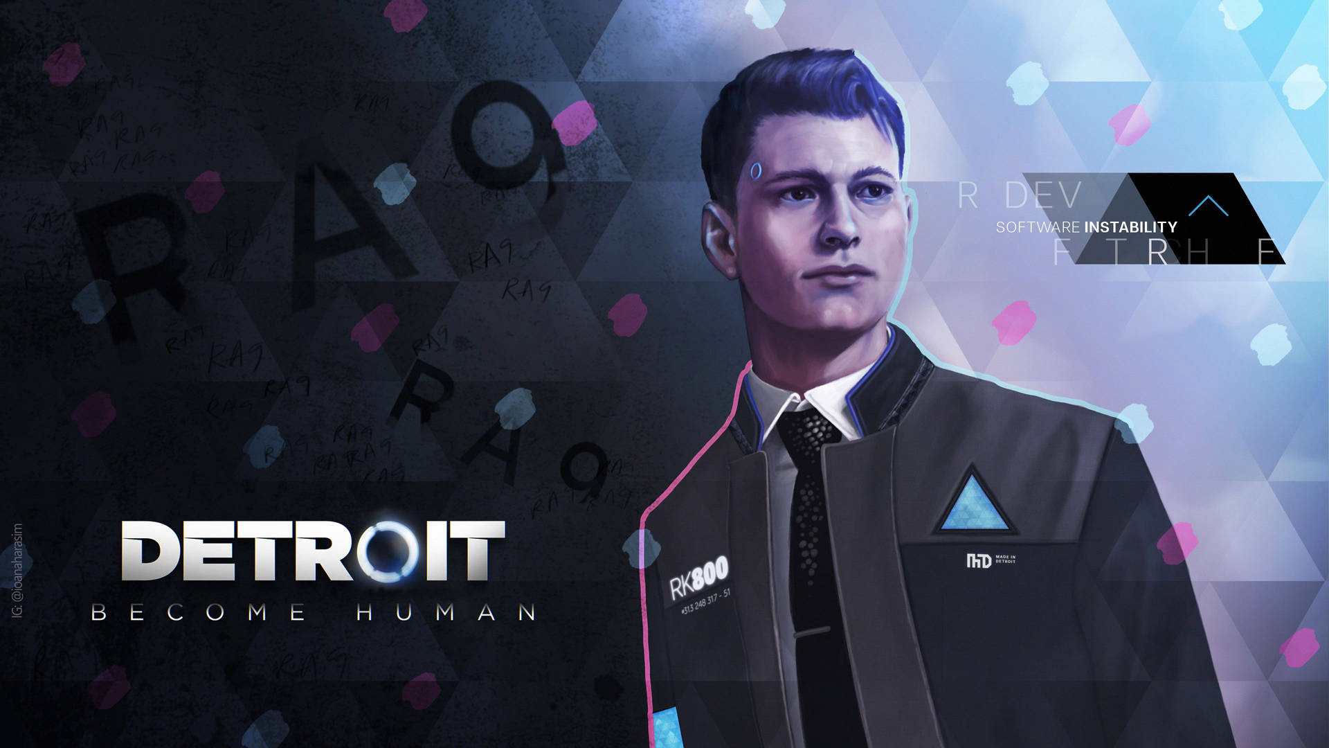 一個穿著西裝的機械人，帶有故障效果和遊戲標題 Detroit Become Human。