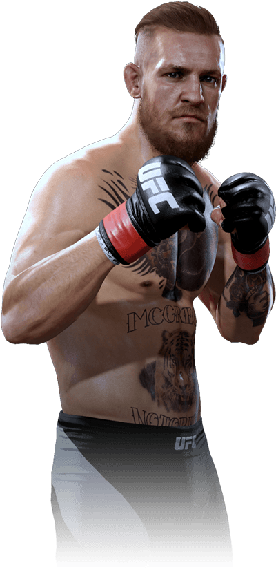 康納·麥格雷戈UFC戰鬥姿勢 壁紙 — 一位肌肉發達、有紋身並戴著UFC手套的戰士，在黑色背景前擺出戰鬥姿勢。