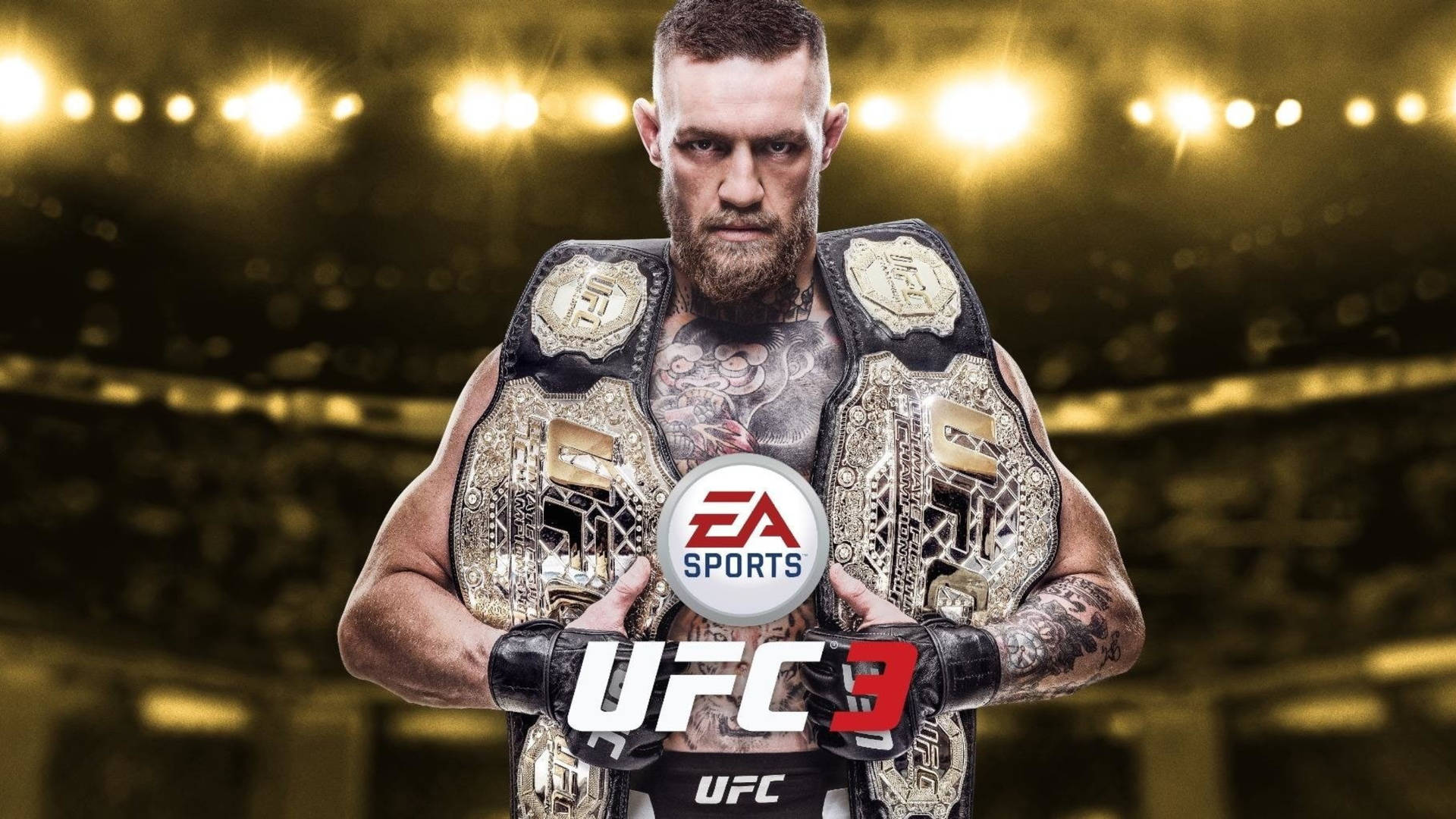 UFC拳手在明亮的競技場中高舉冠軍腰帶，背景有EA Sports UFC 3標誌。