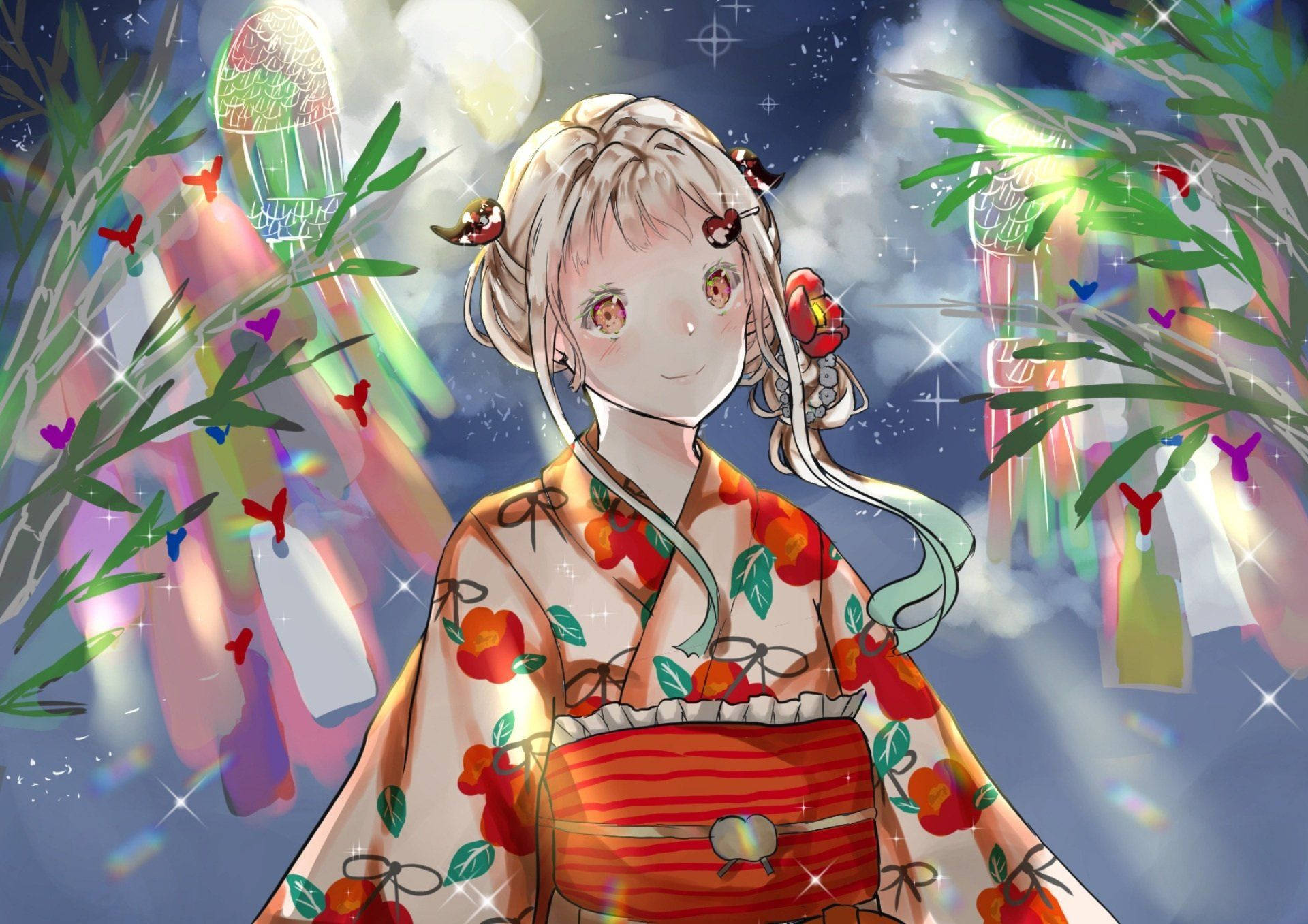穿著櫻花和服的動漫女孩在星空下，有發光的燈籠和蝴蝶。