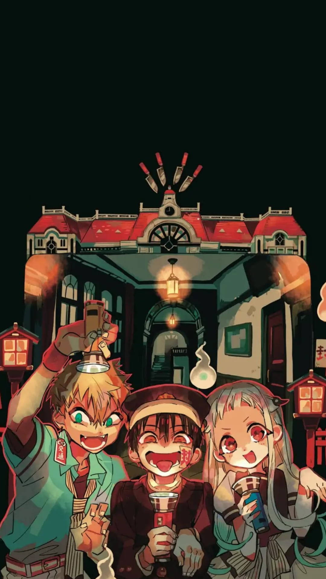 《廁所-bound 雪乃君》神奈川學院場景 壁紙 — 三個動漫角色在夜晚於發光的紅頂建築前愉快地拿著飲料擺姿勢。