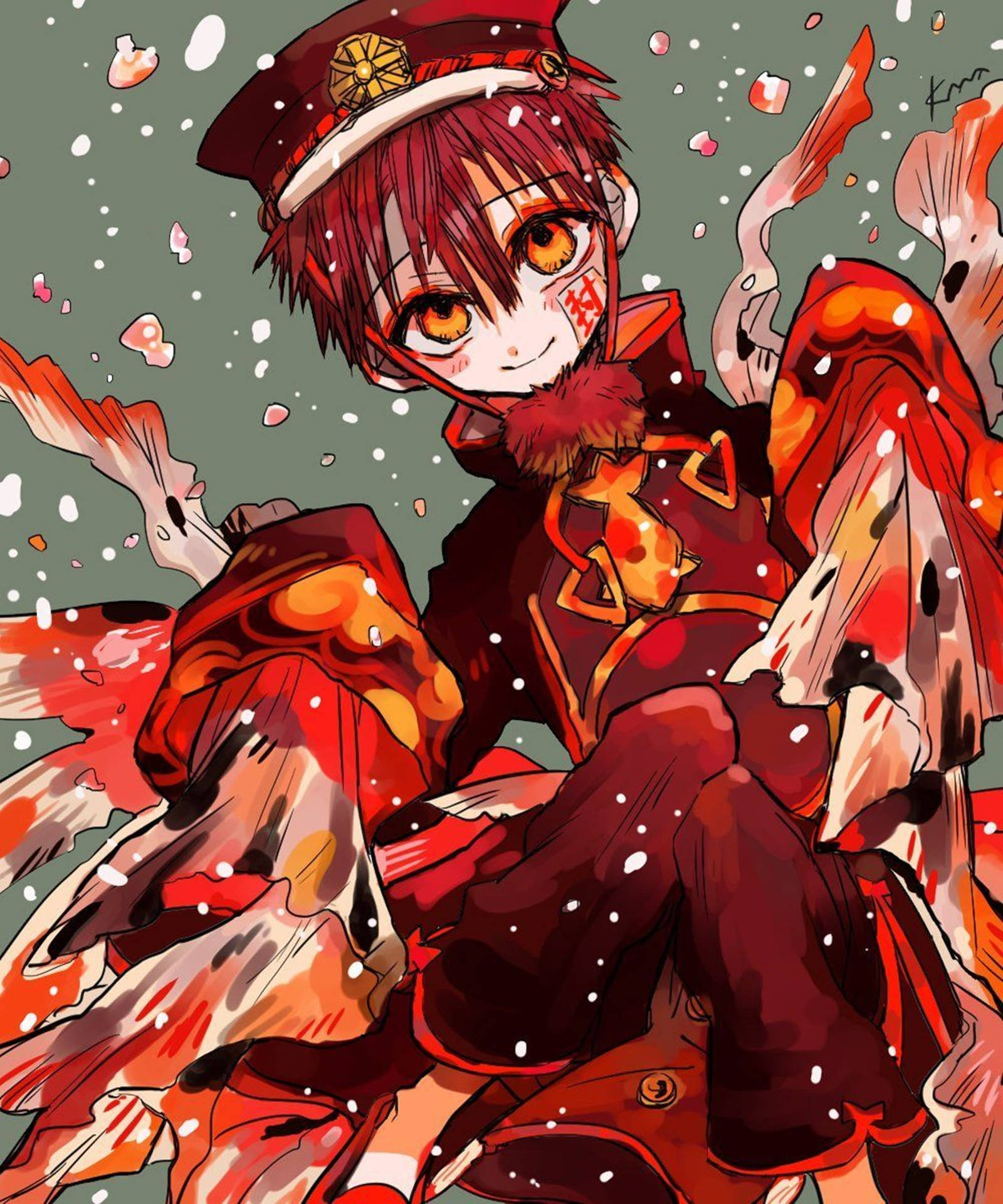 動畫男仔著紅色制服喺雪同櫻花場景中微笑