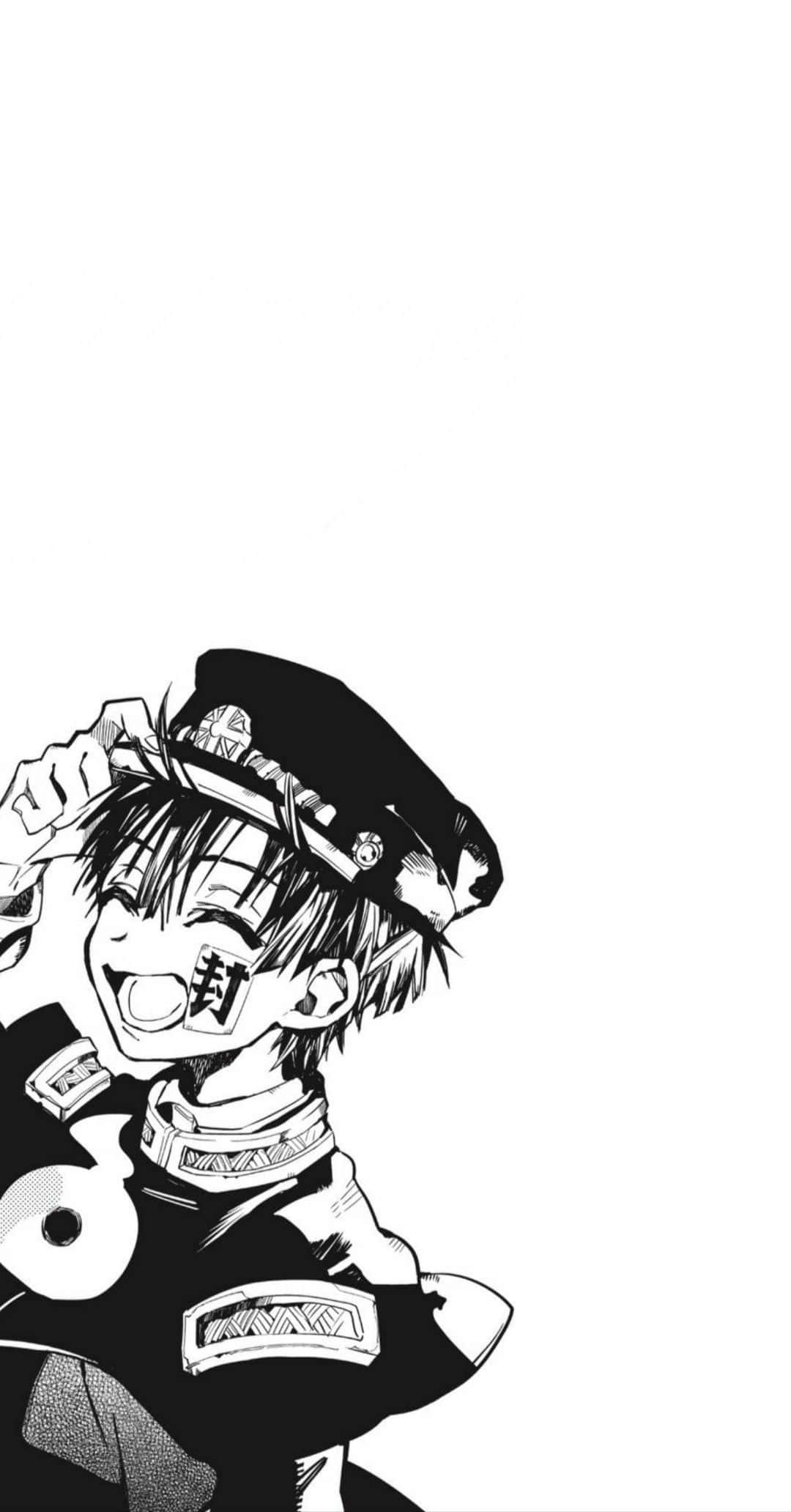 《廁所的花子君》漢納美學漫畫插畫 壁紙 — 一個黑白動畫角色穿著制服，在純白背景前調整帽子時露出燦爛的笑容。