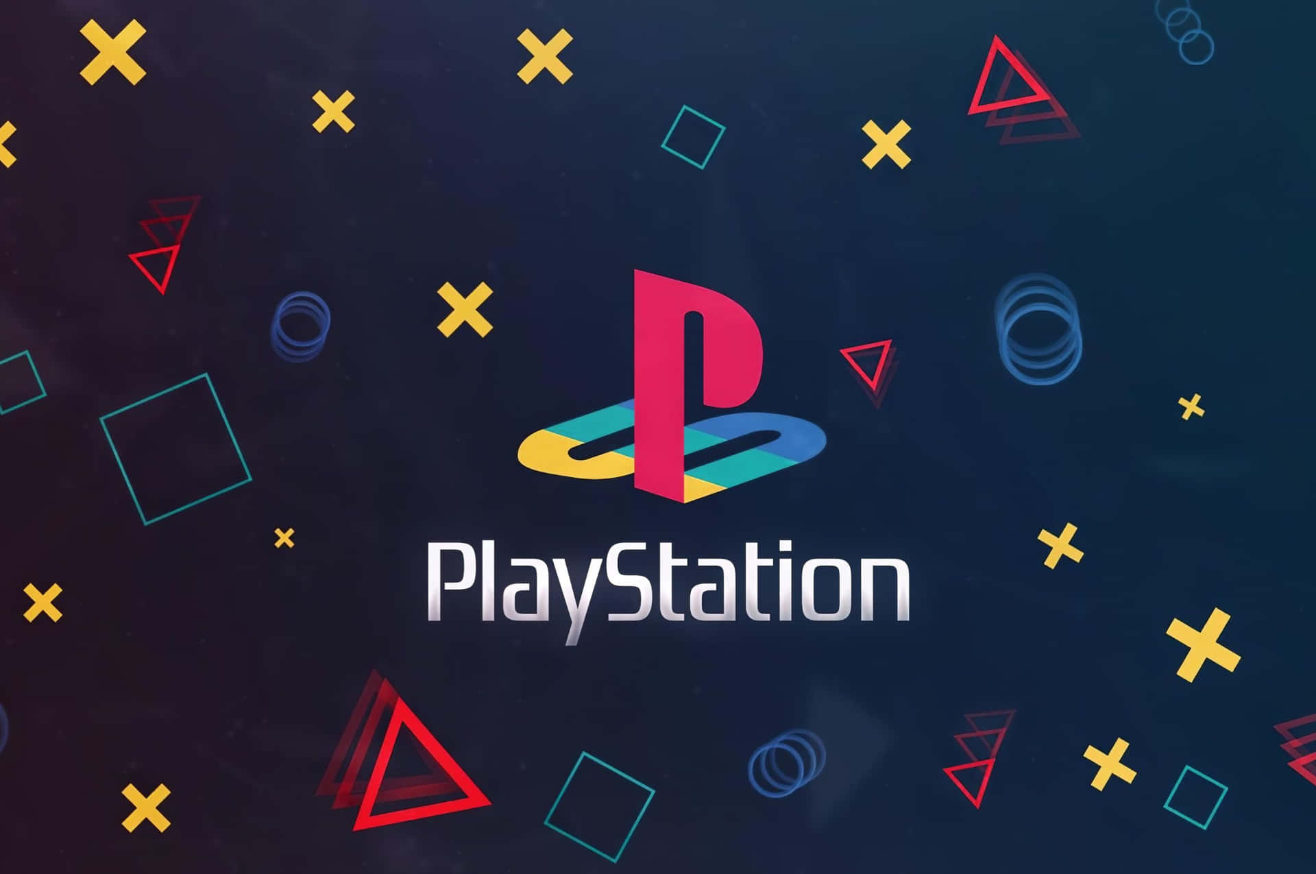 PlayStation 標誌被深藍色背景上漂浮的幾何形狀包圍。