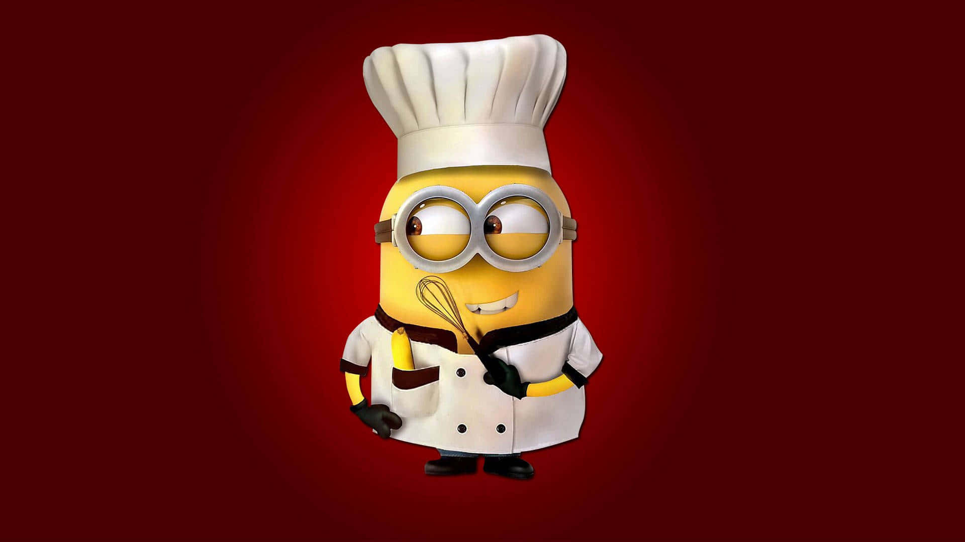 一個黃色卡通Minion廚師在紅色背景前拿著打蛋器。