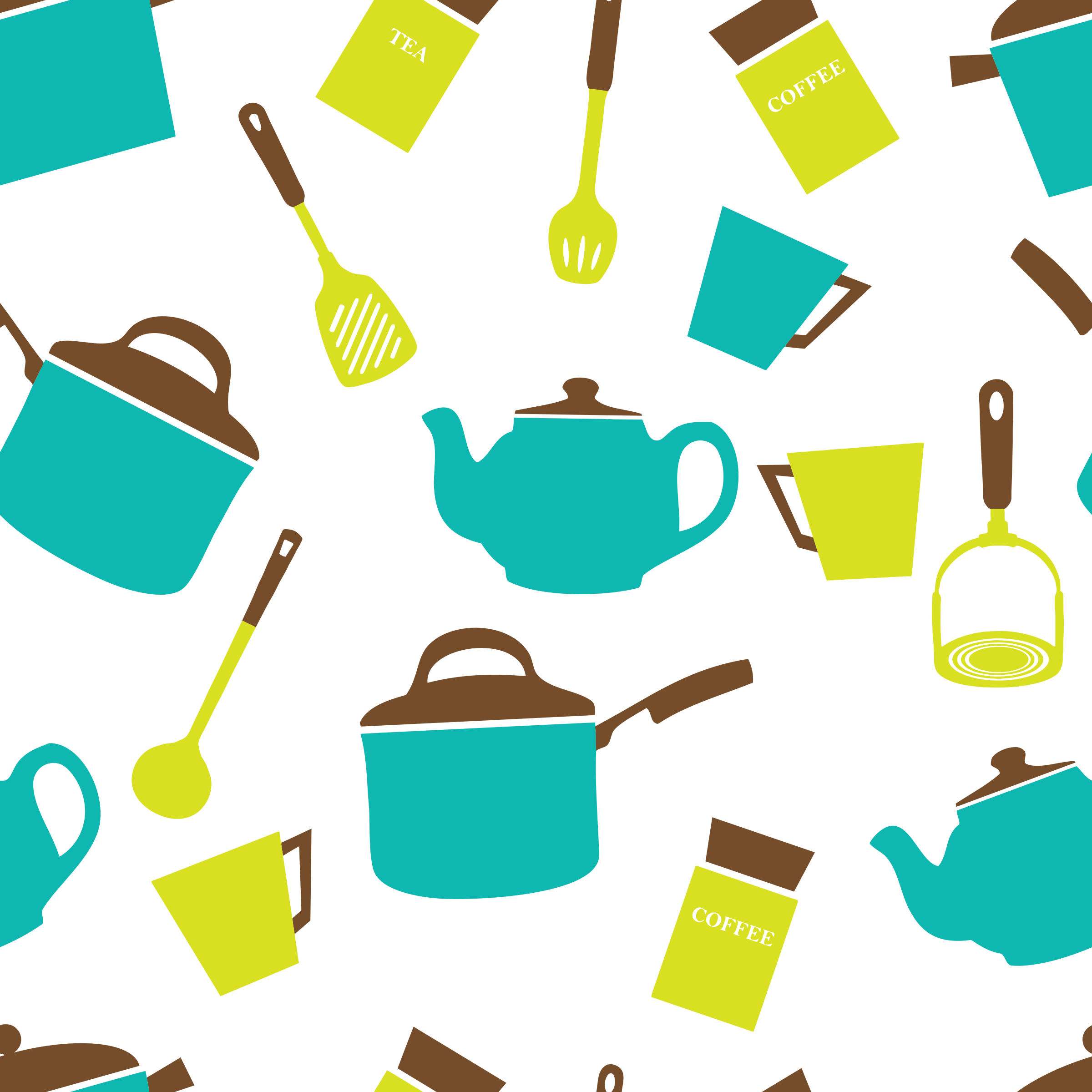 廚房用具圖案背景 壁紙 — 充滿活力的青綠色和黃色廚房用具圖標在純黑色背景上以俏皮的重複圖案漂浮。