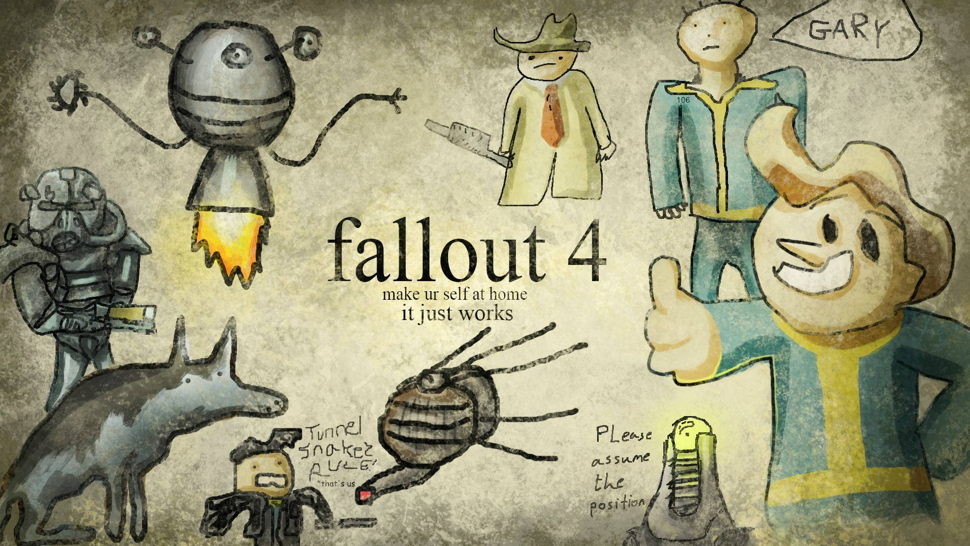Fallout 4角色以卡通風格繪製在帶紋理的紙上，附有標語。