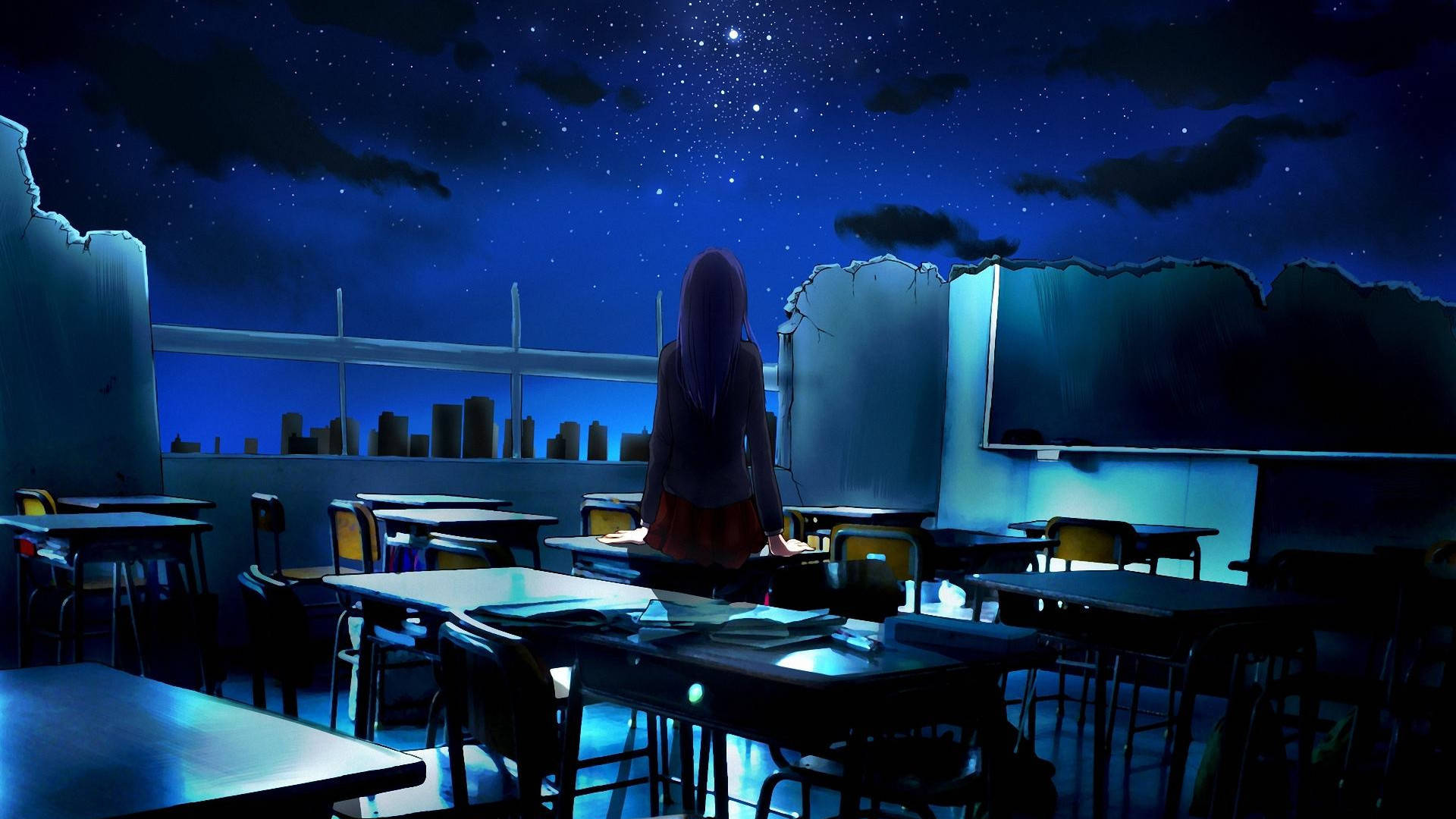 一個紫髮女孩晚上獨自站在教室裡，在星空下眺望城市天際線。