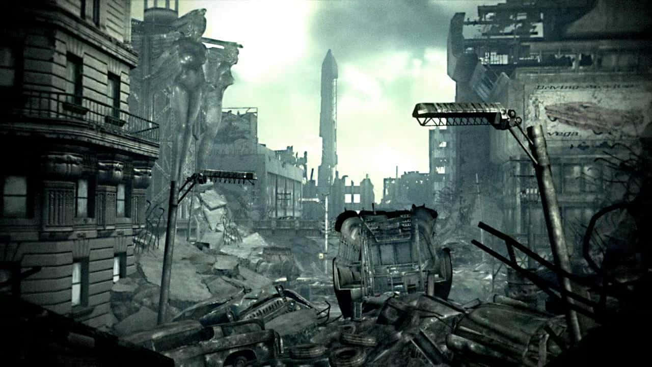 廢墟城市背景中的火箭 壁紙 — 荒涼的城市廢墟，倒塌的建築物和損毀的車輛，在陰沉多雲的天空下。
