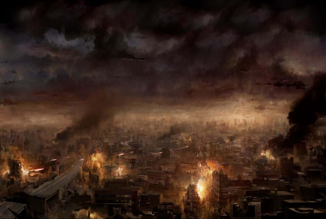 廢墟城市背景中的烏雲 壁紙 — 黃昏時分的反烏托邦城市景觀，燃燒的建築物和濃煙在黑暗不祥的天空下。