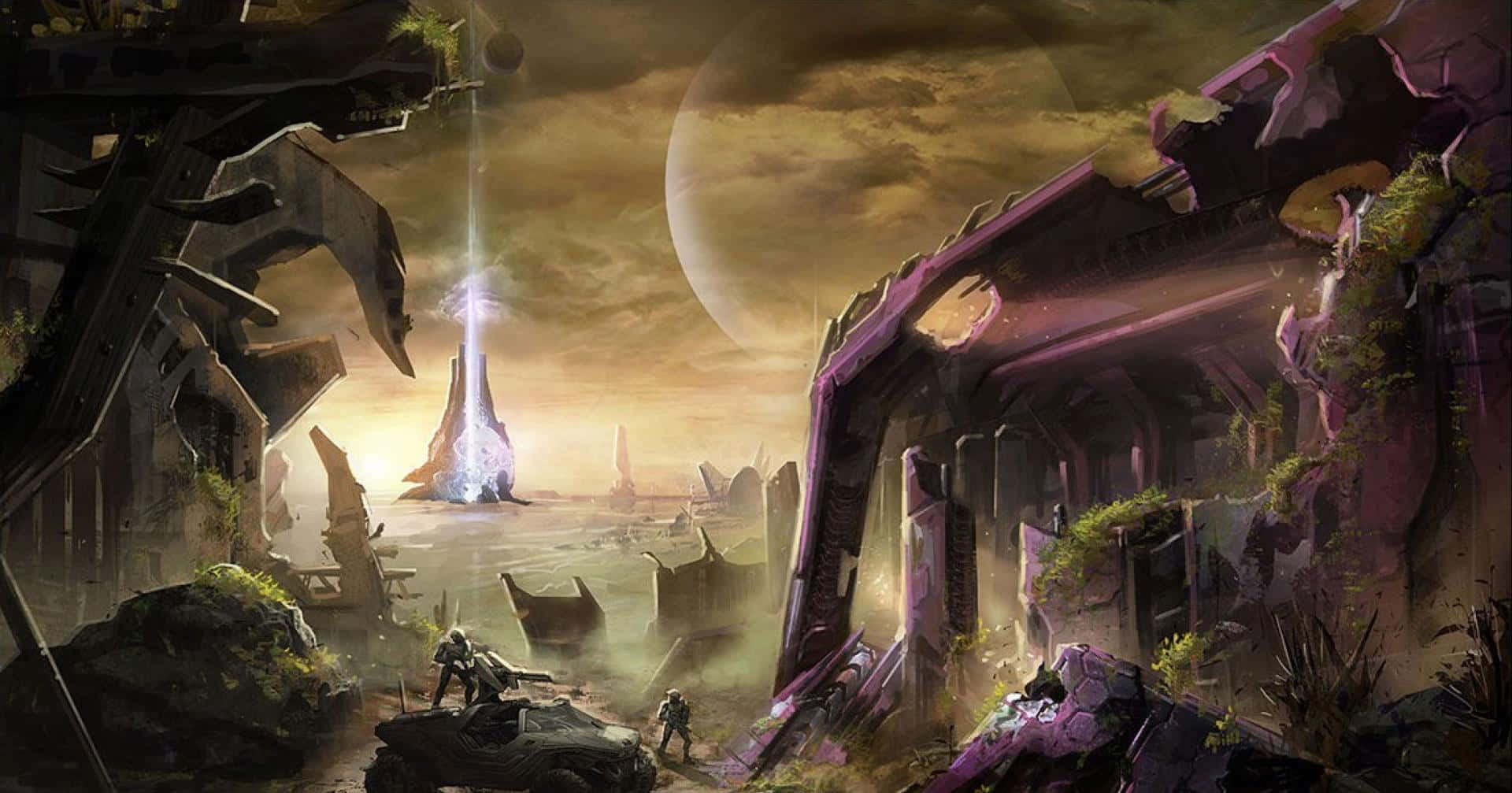 Halo Forerunner 桌布 壁紙 — 廢墟未來城市景觀，發光塔樓和巨大月亮在金色天空下。