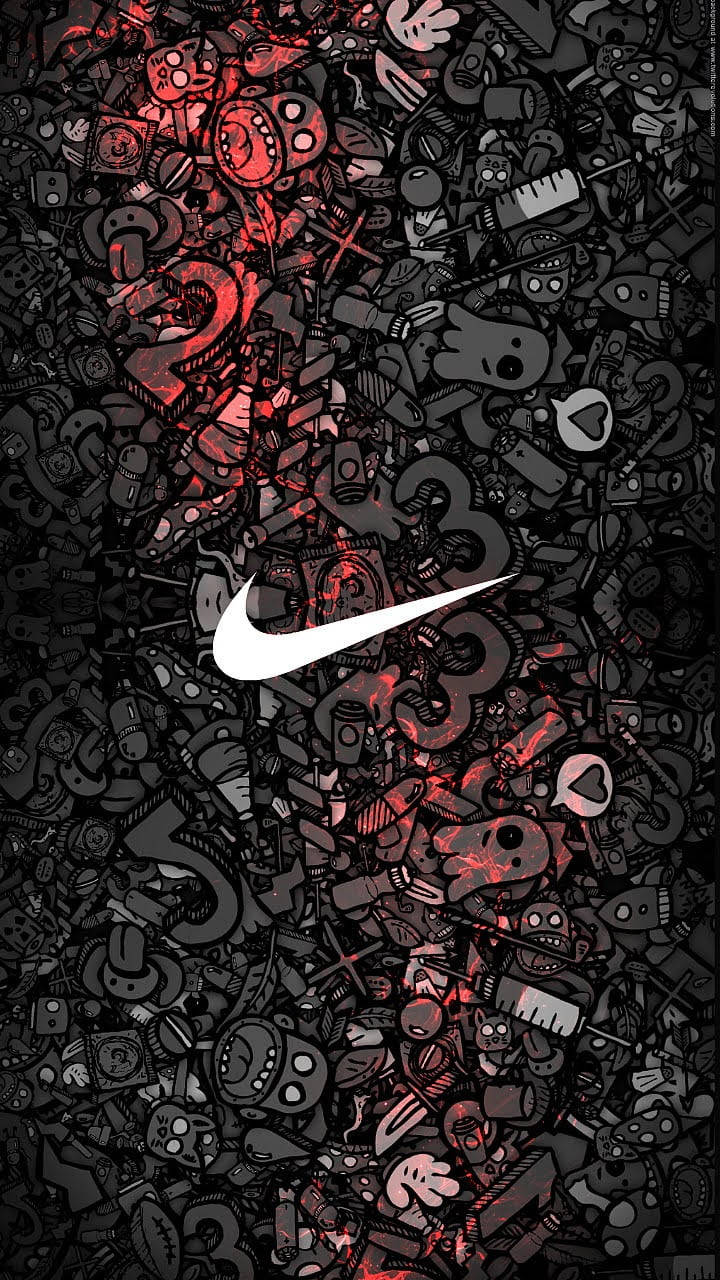 帶有白色Nike標誌的黑紅卡通塗鴉背景。