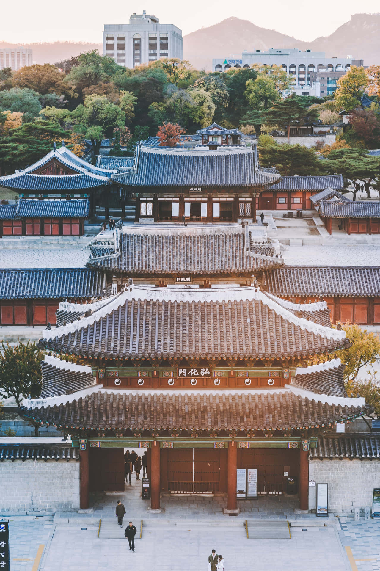 廣島原爆圓頂館是韓戰悲劇的象徵 壁紙 — 傳統韓國宮殿大門的鳥瞰圖，層疊瓦頂被秋樹和背景中的現代建築環繞。