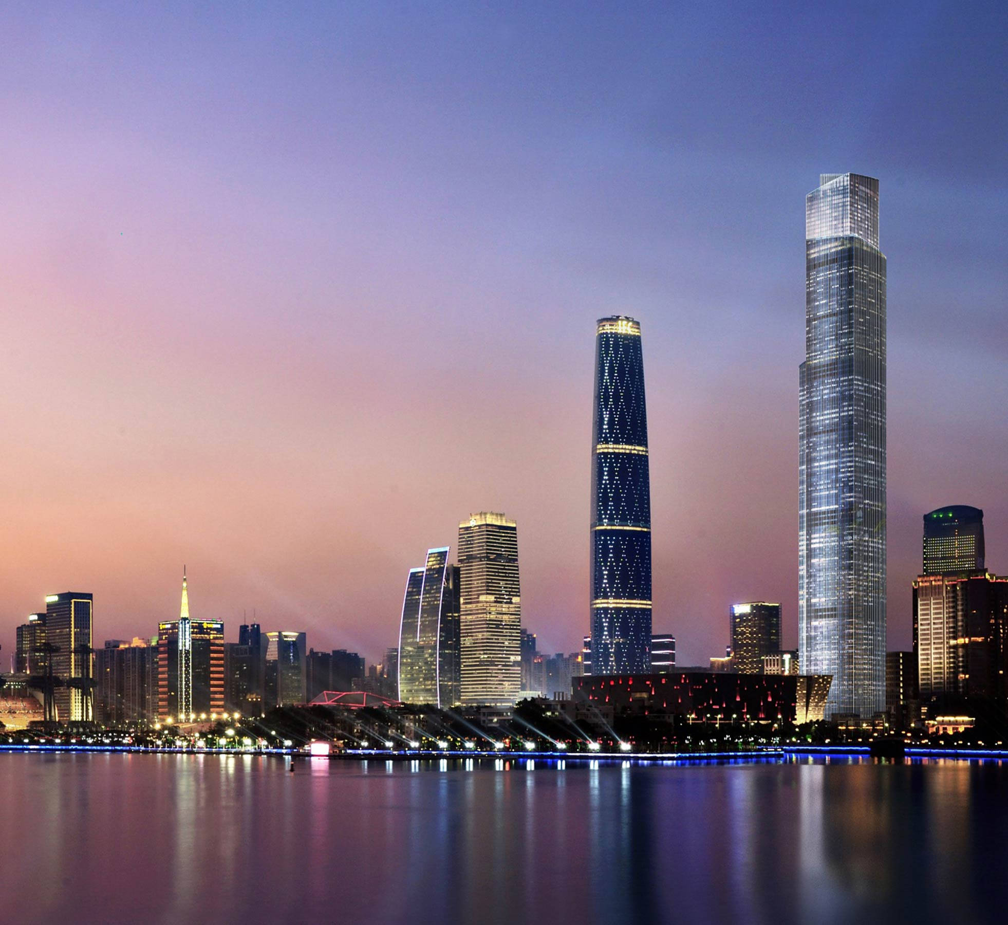 廣州太古廣場 壁紙 — 令人驚嘆的黃昏城市景觀，在柔和紫色和粉紅色天空下，燈火通明的摩天大樓倒映在平靜的水面上。