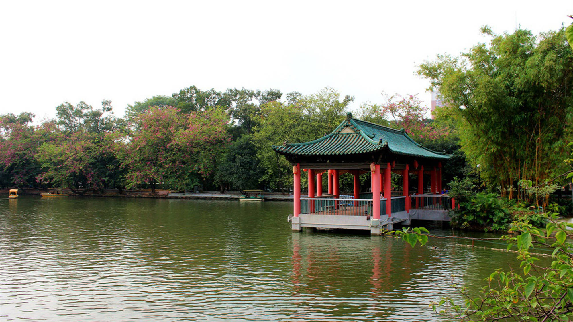 廣州越秀公園 壁紙 — 一座傳統的紅綠相間的中國亭子靜靜地漂浮在平靜的湖面上，周圍環繞著茂密的樹木和開花的灌木。